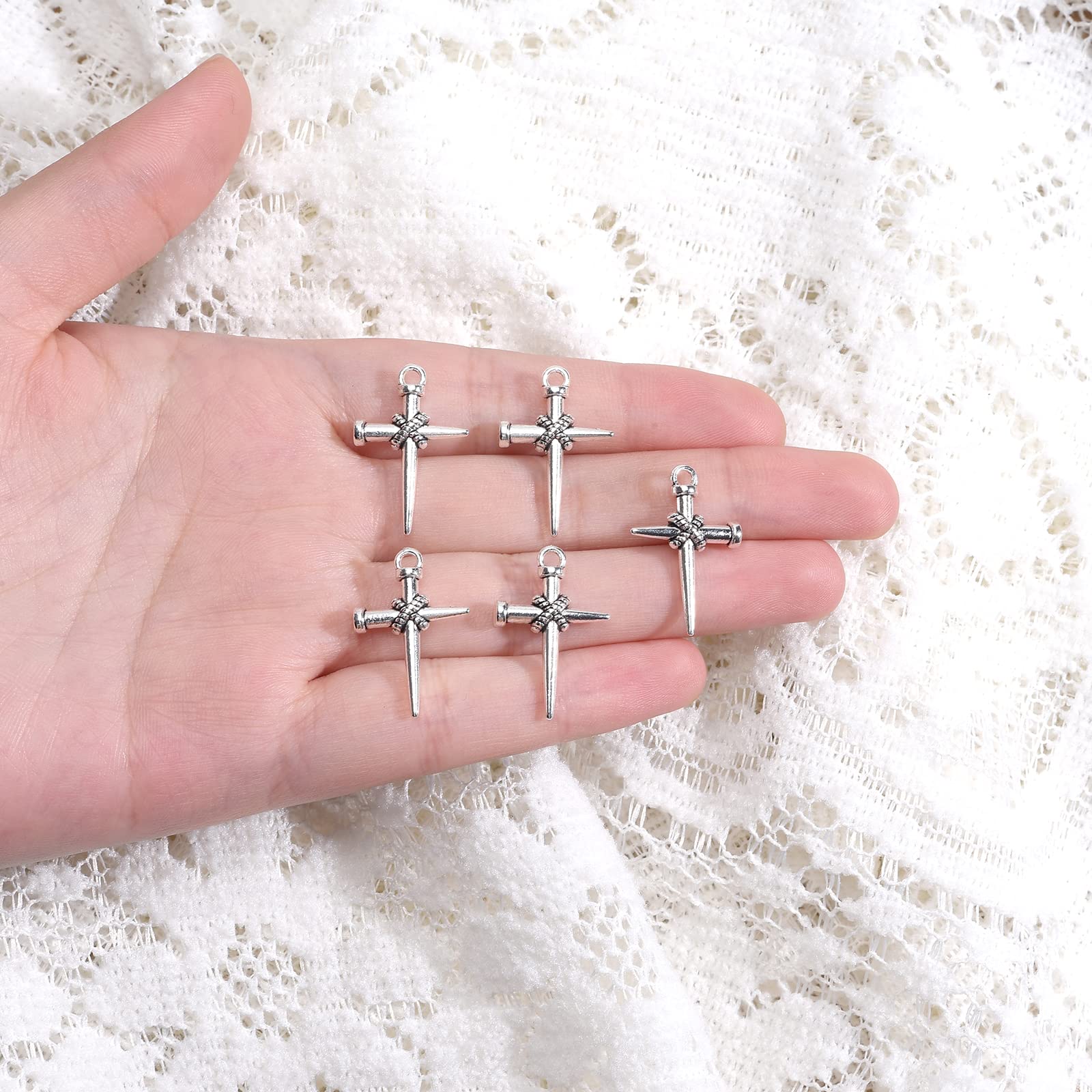 70Pcs Antique Silver Alloy Cross Nail Charms - Large Crucifix Pendants for DIY Jewelry Making, Bracelets, Necklaces, Earrings & Bag Decor - Perfect for Religious Crafts, Gothic Fashion & Gift Giving