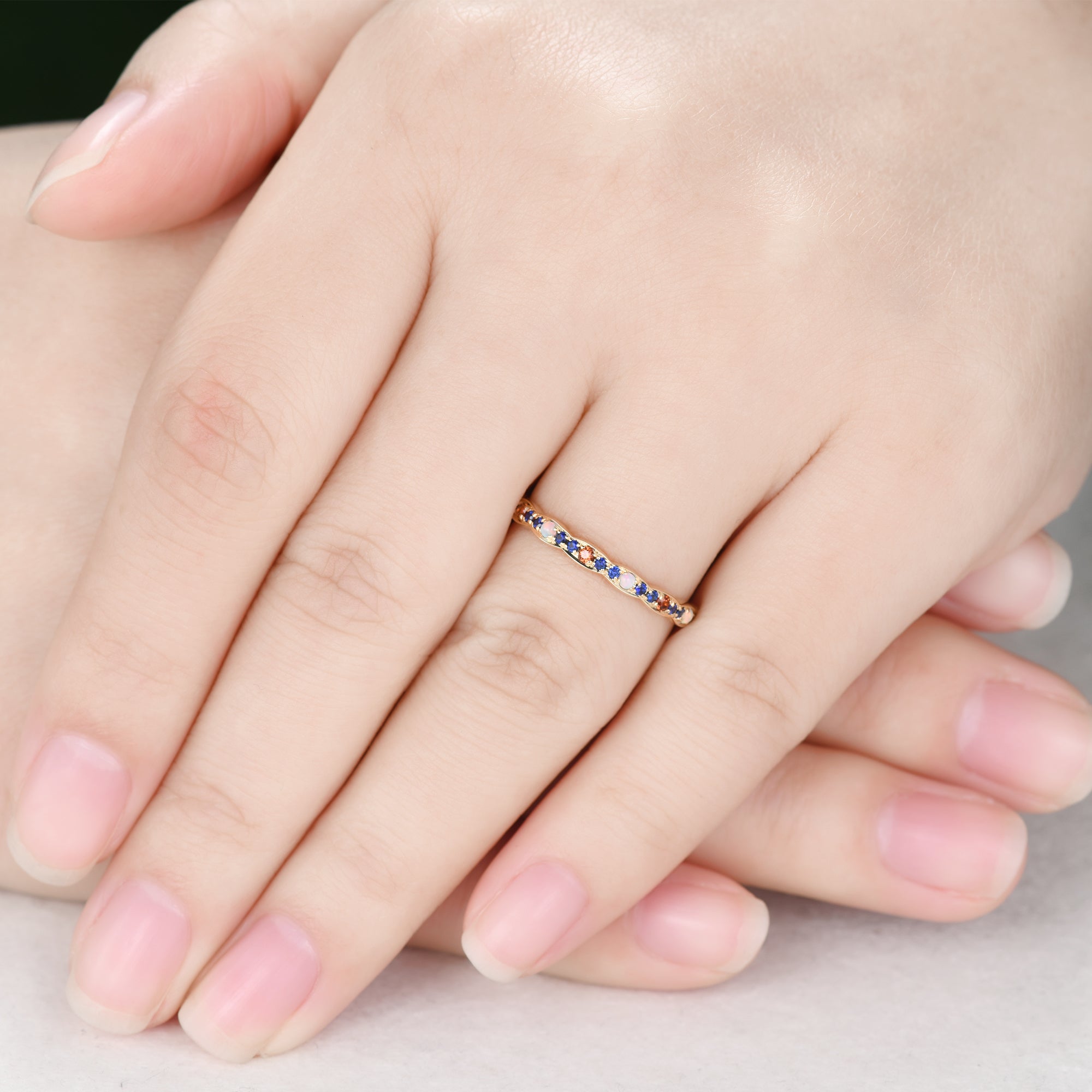 Opal Garnet Sapphire Yellow Gold Wedding Band - Multiple Gemstone Full Eternity Ring for Women - Perfect for Anniversary, Engagement & Bridal Jewelry Gifts