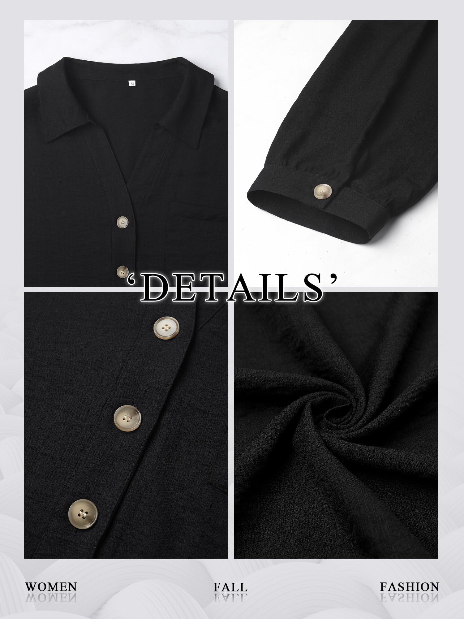 Women's V-Neck Linen Button-Down Shirt - 3/4 Sleeve Relaxed Fit Casual Blouse with Pocket | Soft Breathable Office Wear & Summer Work Tops for Business Casual & Weekend Outings