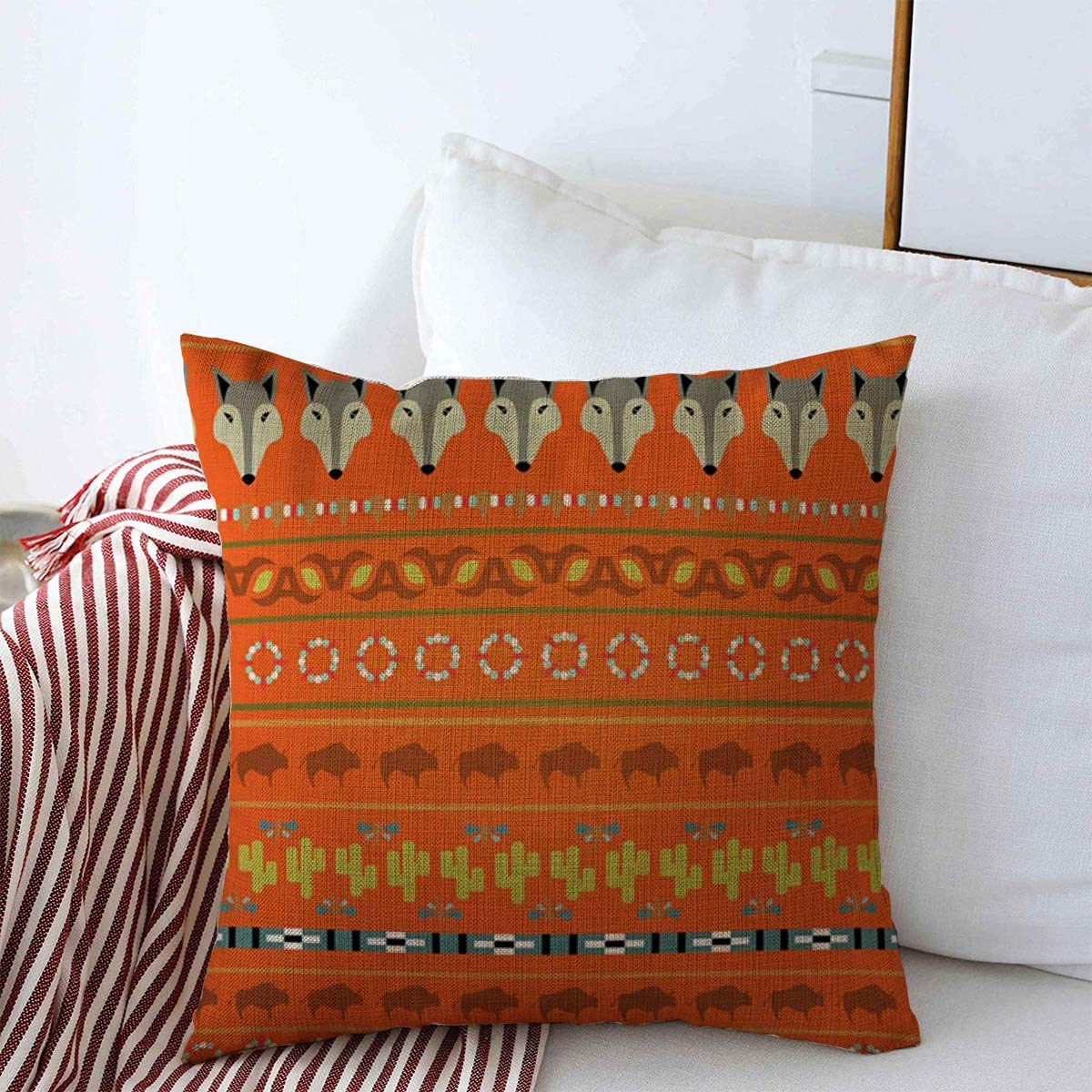 Southwestern Buffalo Pattern Decorative Pillow Cover 18x18 Inches - Desert Blue Arizona Cactus Design for Farmhouse, Fall & Indian American Decor | Perfect for Sofa, Bedroom & Living Room