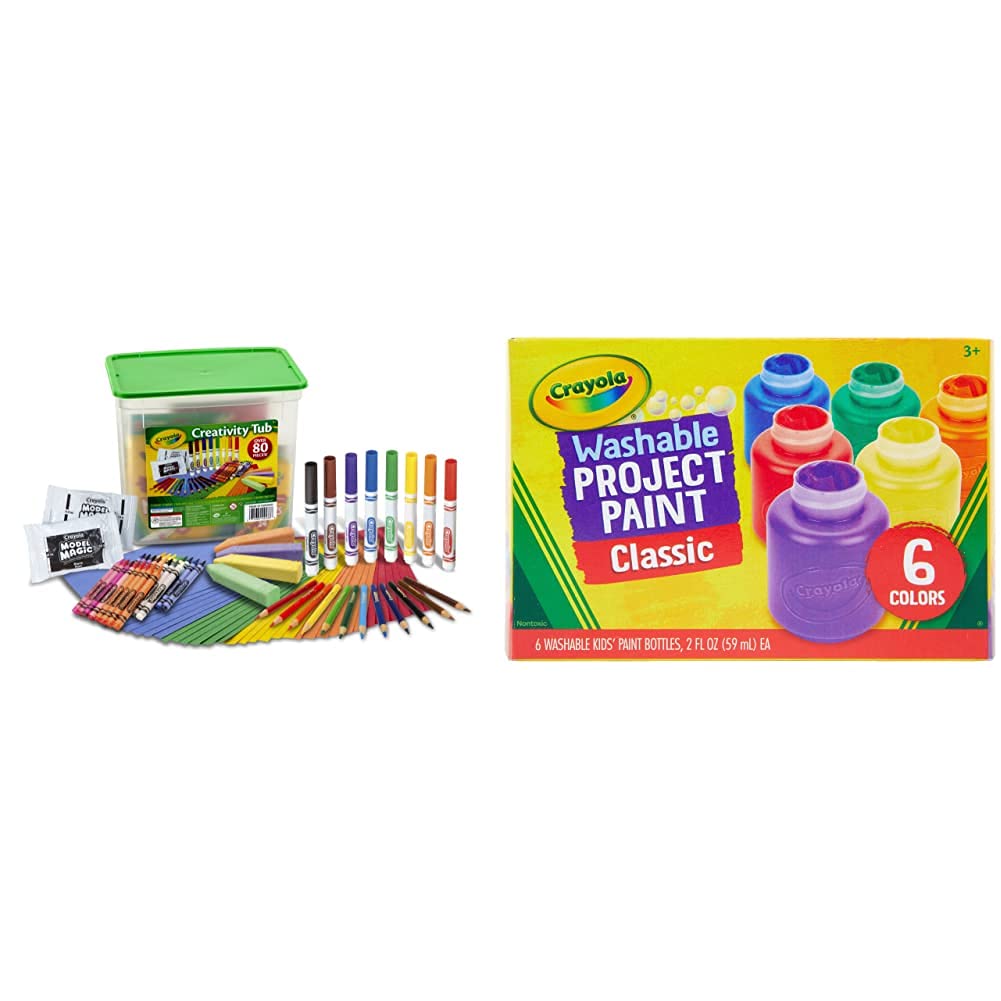 Crayola Creativity Art Set - 80+ Pieces Including Crayons, Markers, Colored Pencils, Construction Paper & Washable Kids Paint (6 Count) - Perfect for Home Activities, School Projects & Creative Gifts for Kids