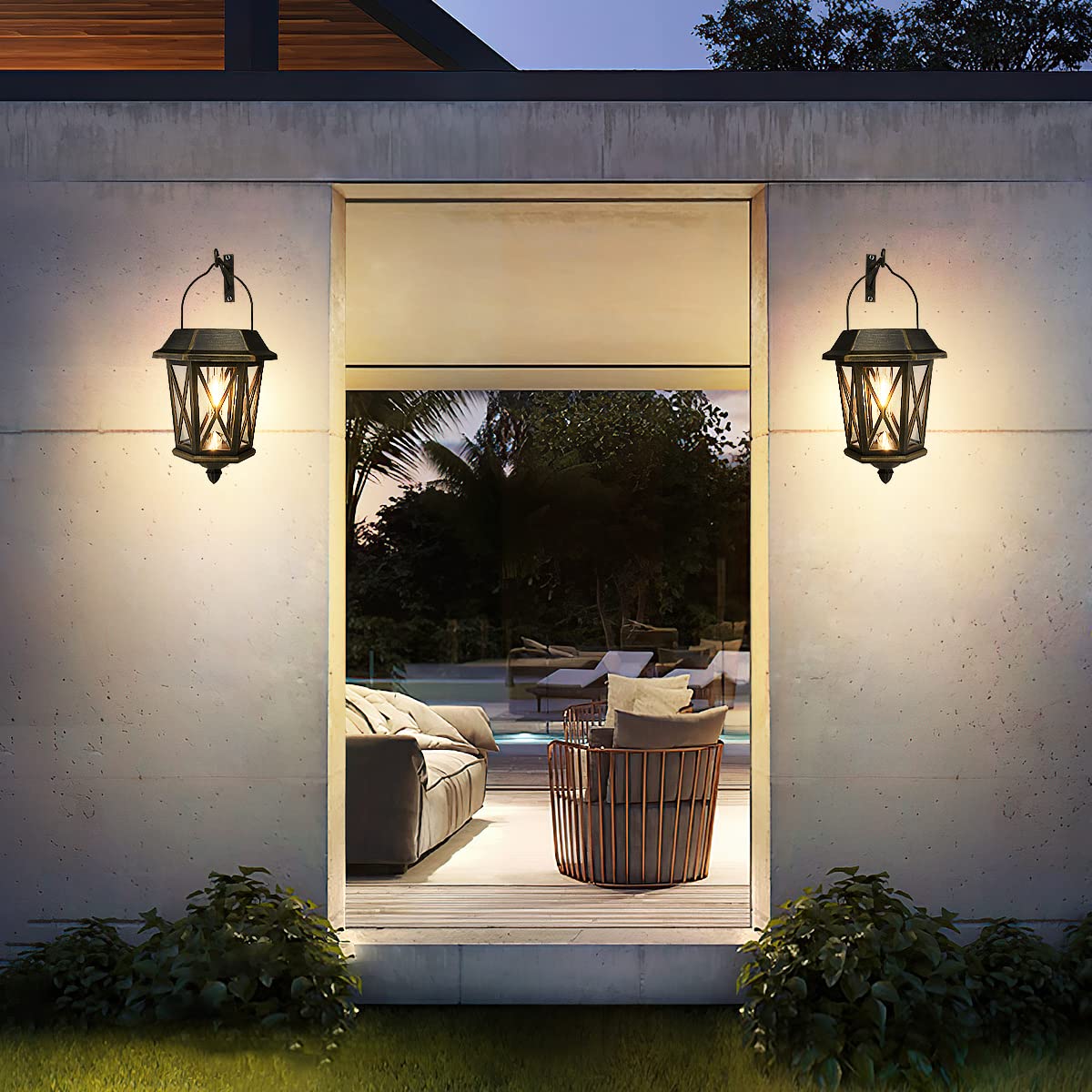 Solar Powered Outdoor Hanging Lanterns - 2 Pack Waterproof LED Metal Wall Lights with Clear Glass for Garden, Yard & Patio - Bronze Finish - Perfect for Backyard Decor, Pathway Lighting & Porch Ambiance