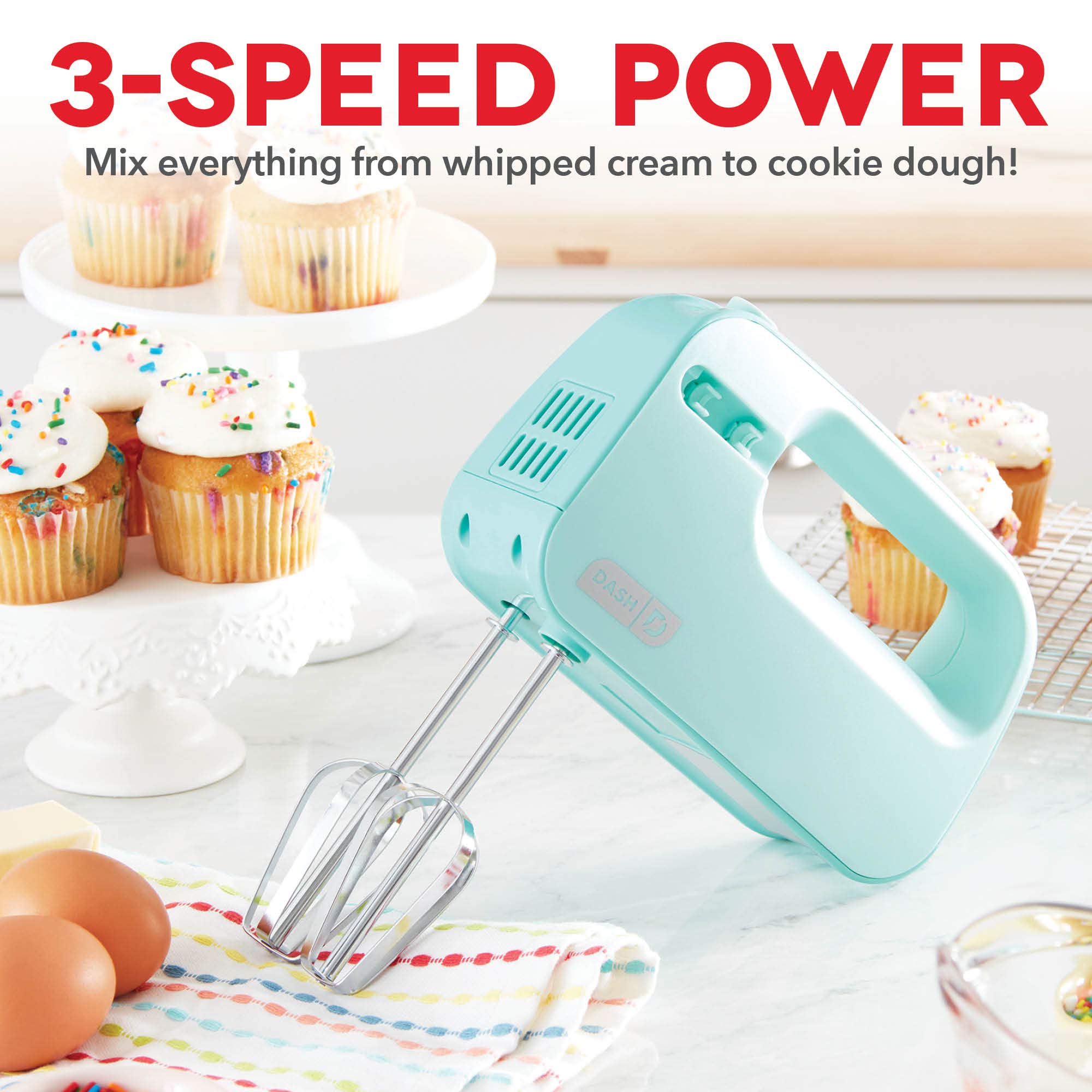 Dash SmartStore™ Deluxe Compact Electric Hand Mixer with Whisk & Milkshake Attachments - 3 Speed, 150W, Aqua - Perfect for Baking Cookies, Cakes, Brownies, Dough & More - Ideal for Home Kitchen, Baking Enthusiasts & Small Batch Cooking
