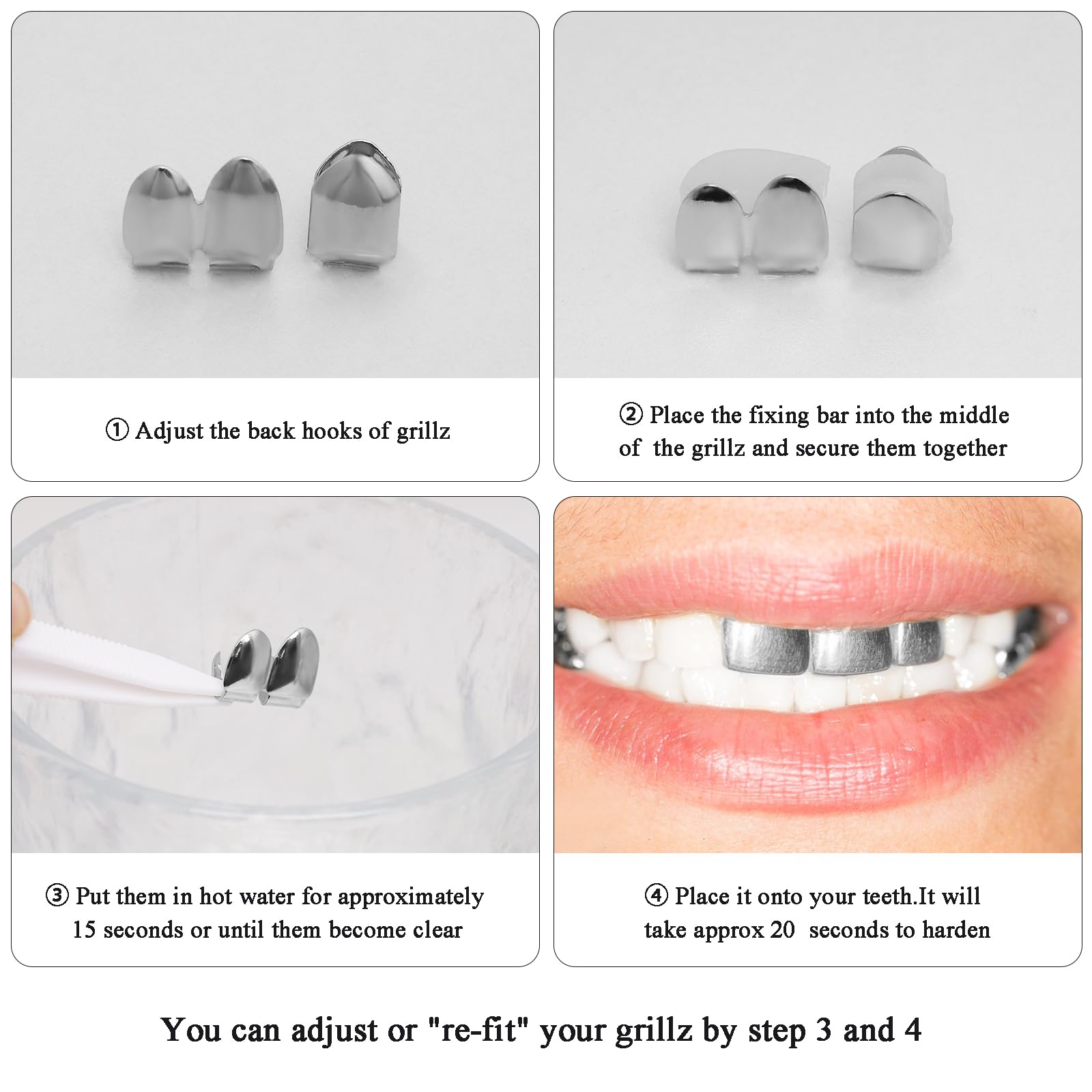 4Pcs Gold & Silver Plated Hip Hop Tooth Grillz - Top Teeth Caps for Men & Women - Perfect for Rappers, Performers, Halloween & Costume Parties - Premium Dental Jewelry Accessories