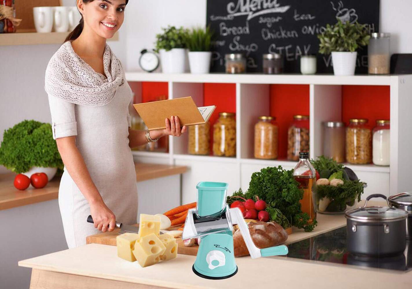 Premium Rotary Cheese Grater - Stainless Steel Vegetable Slicer for Potato, Carrot & Nuts - Includes Cleaning Brush - Blue Kitchen Mandoline - Perfect for Salads, Pasta & Meal Prep