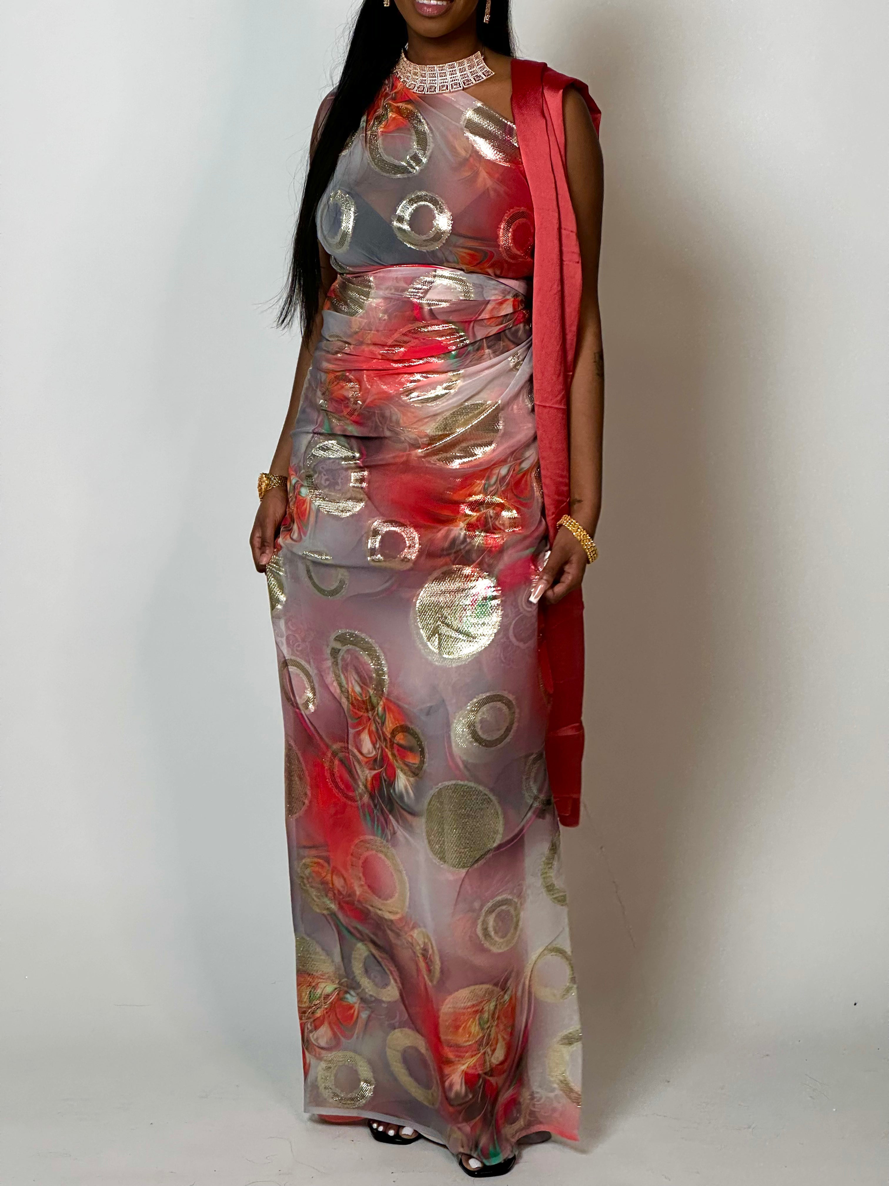 Authentic Somali Dirac/Guuntino Scarf - Red & Gold Traditional African Shawl for Women - Perfect for Weddings, Cultural Events & Everyday Elegance
