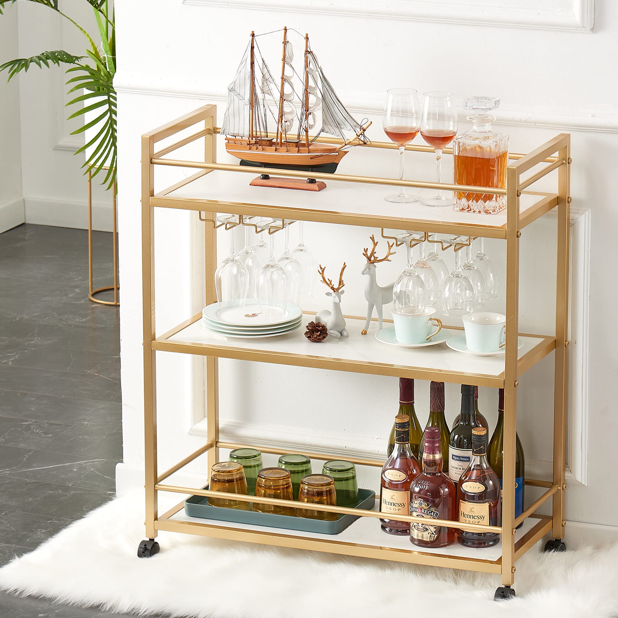 Gold Bar Cart with 3 Shelves - Rolling Wine Glass & Bottle Storage Serving Cart for Kitchen, Living Room, Bar (31.5”W, White) - Perfect for Home Entertaining, Parties & Small Space Storage