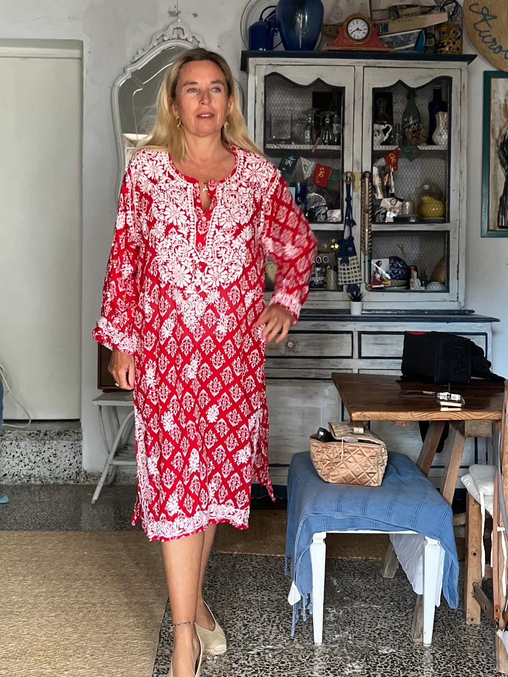 Hand Embroidered Red Muslin Cotton V-Neck Tunic - Boho Chic Top for Casual Wear, Beach Cover-Up & Summer Outfits