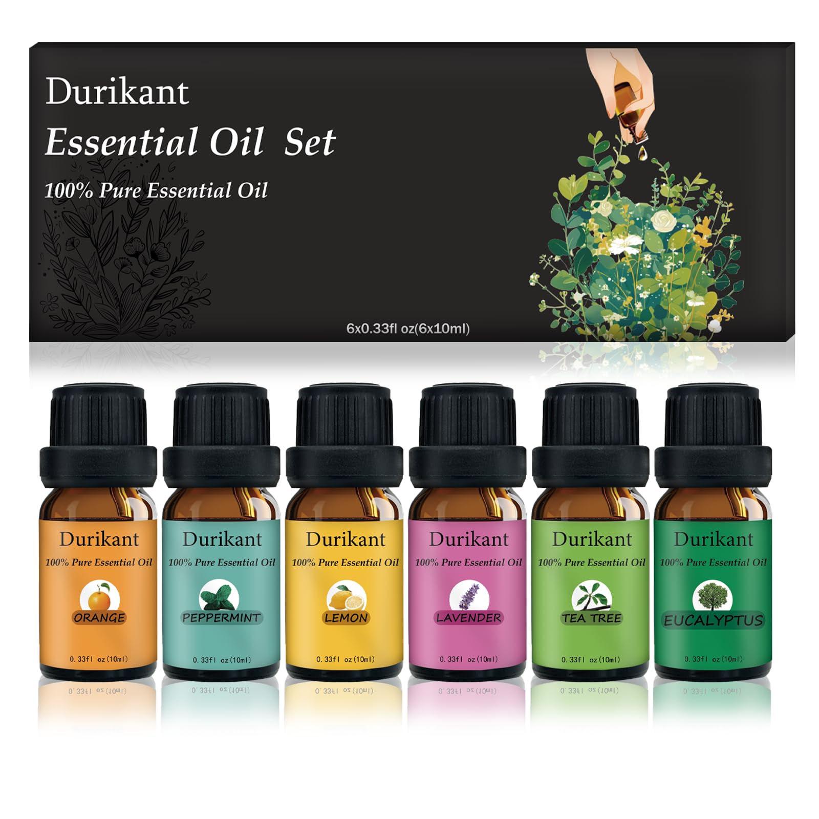 **100% Pure Natural Essential Oil Set - 6 Pack (10ml Each) Tea Tree, Eucalyptus, Lavender, Orange, Peppermint, Lemon Oils for Aromatherapy, Diffusers & DIY Skincare**