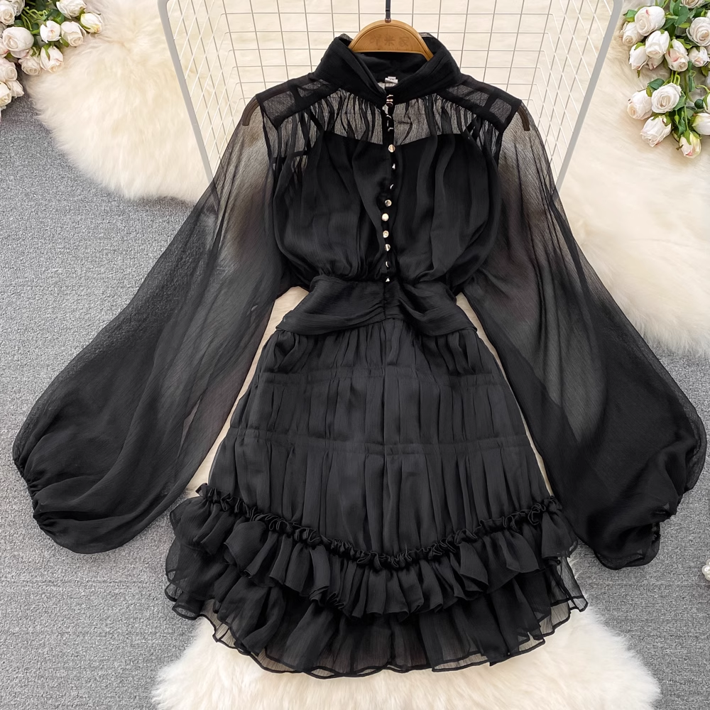 Long Sleeve Mesh Short Dress - A-Line Ruffled Party Dress for Women | Perfect for Cocktail Parties, Date Nights & Special Occasions