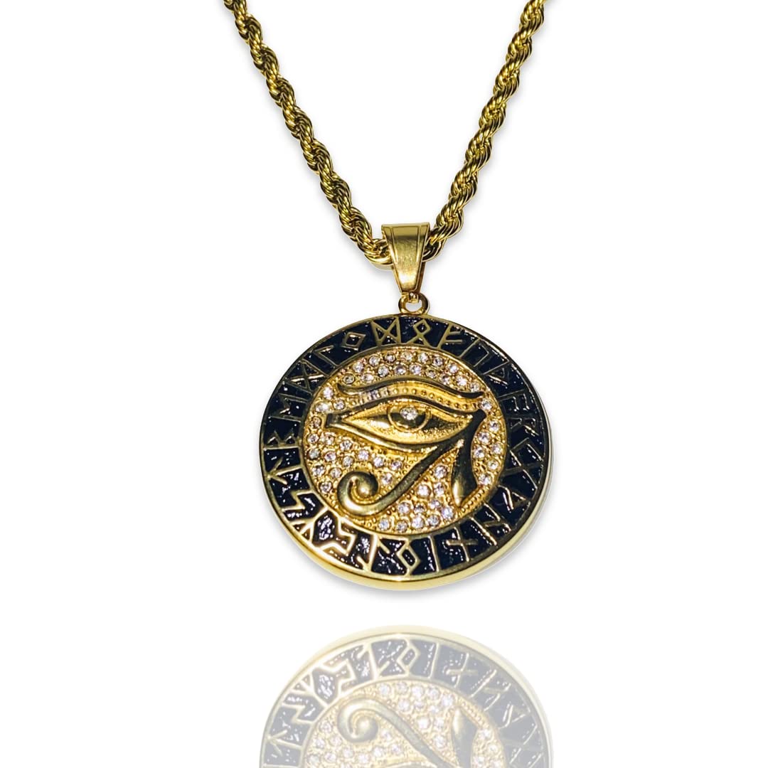 Egyptian Eye of Horus Evil Eye Protection Necklace - 14K Gold Finish Stainless Steel Pendant with 3mm Rope Chain for Men & Women | Spiritual Jewelry, Gift for Protection, Meditation & Fashion Accessory