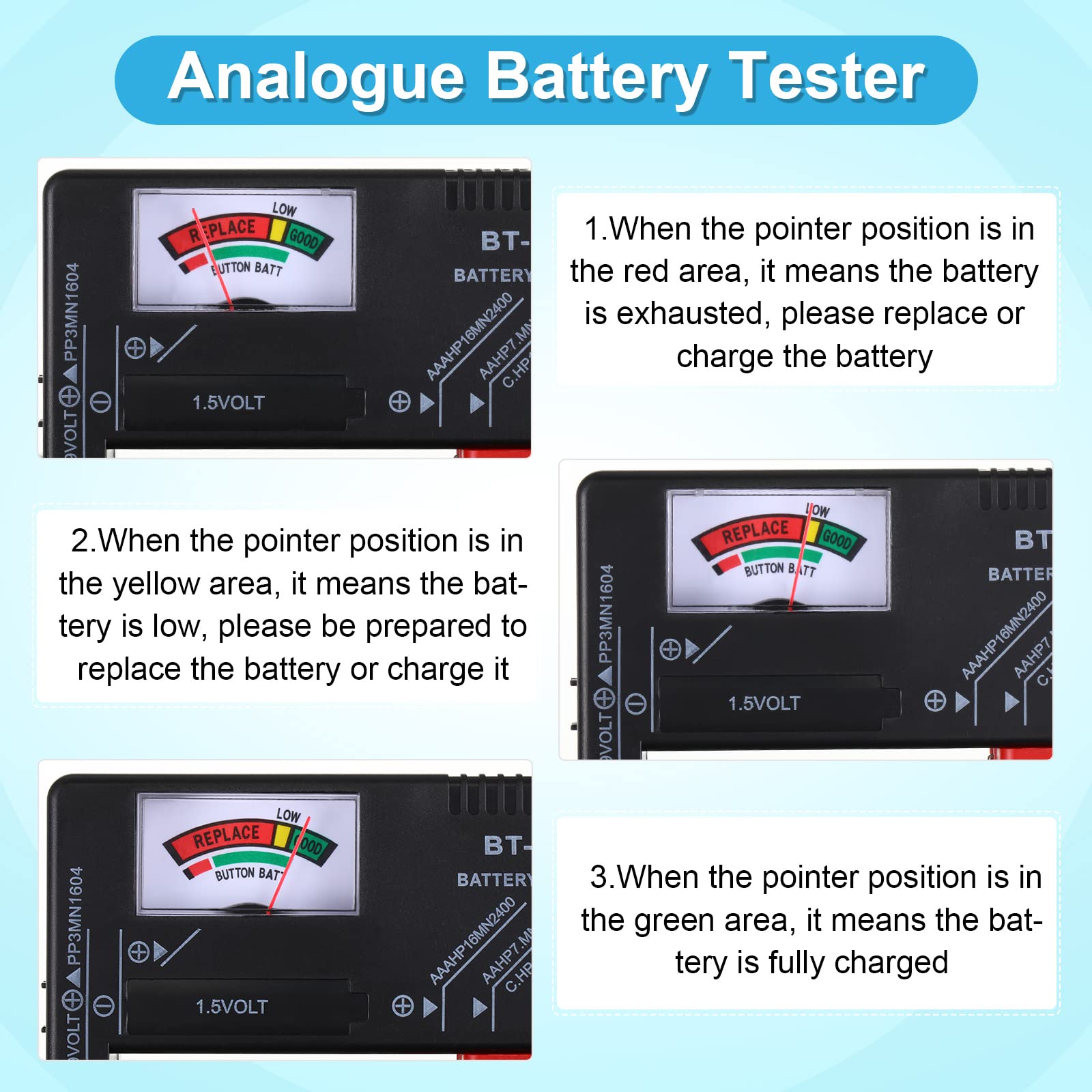 2 Pack Universal Battery Tester - Voltage Checker for AA AAA C D 9V 1.5V & Button Cell Batteries | Home, Office, Travel & Emergency Use