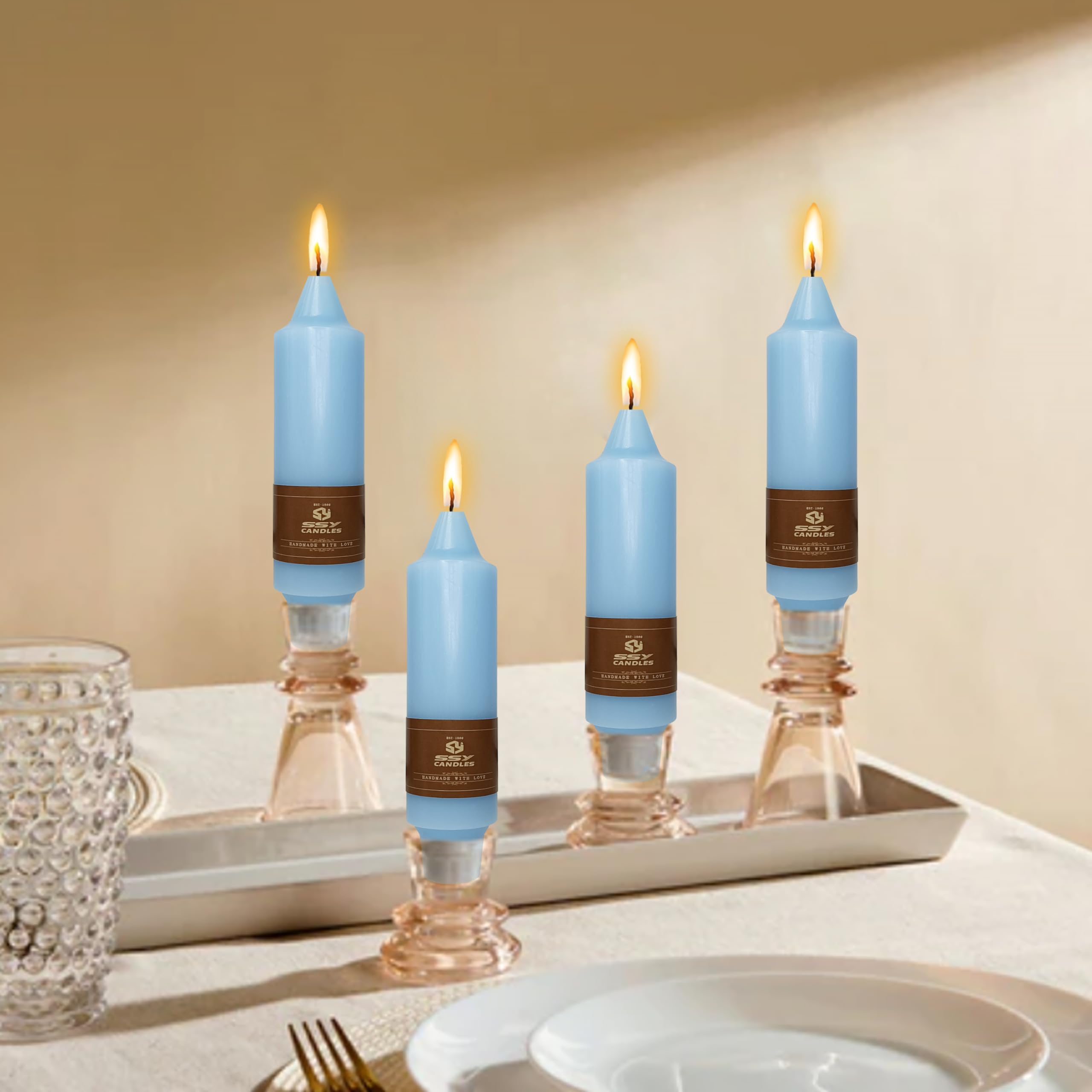 5 Inch Short Taper Candles Blue - Set of 4 Handmade Beeswax Candles for Dinner, Wedding, Party Decor - Elegant Home Decor Candlesticks for Romantic Ambiance, Table Centerpieces & Holiday Celebrations