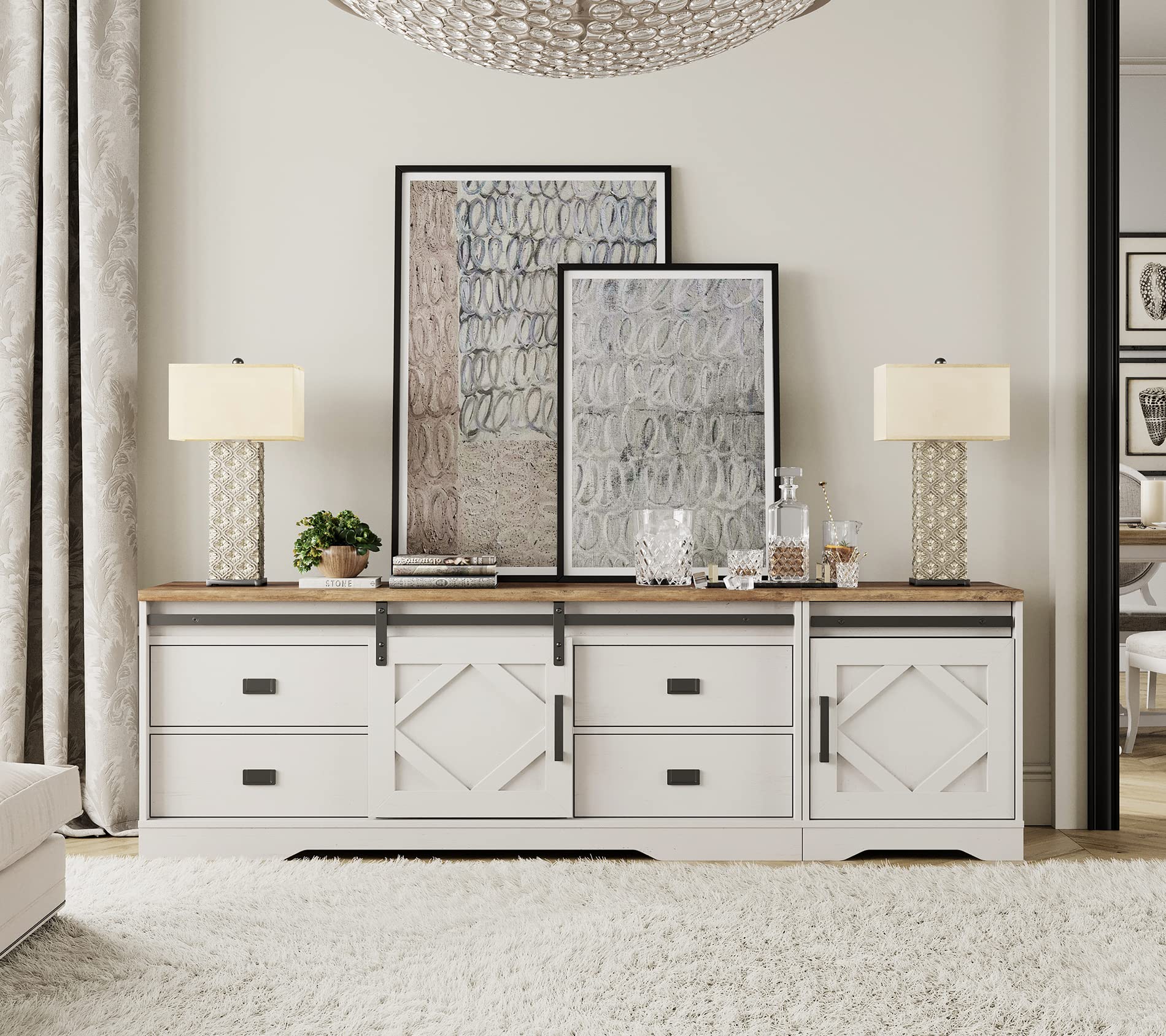 WAMPAT Modern Farmhouse 2-in-1 TV Stand for 85 Inch TVs - Wood Entertainment Center with Storage Drawers & Adjustable Shelves - Antique White Finish - Perfect for Living Room, Bedroom or Home Theater Setup