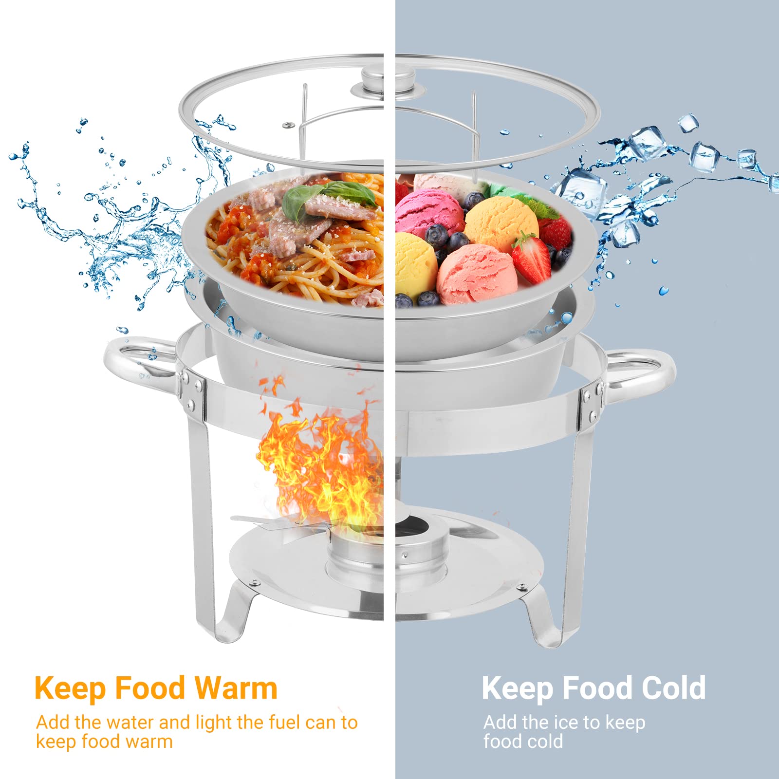 ROVSUN 5Qt 4-Pack Stainless Steel Chafing Dish Buffet Set - NSF Certified Round Food Warmers for Catering, Weddings & Banquets - Includes Glass Lids & Holder with Sturdy Stand Frame - Perfect for Buffet Serving, Party Events & Food Warming Stations