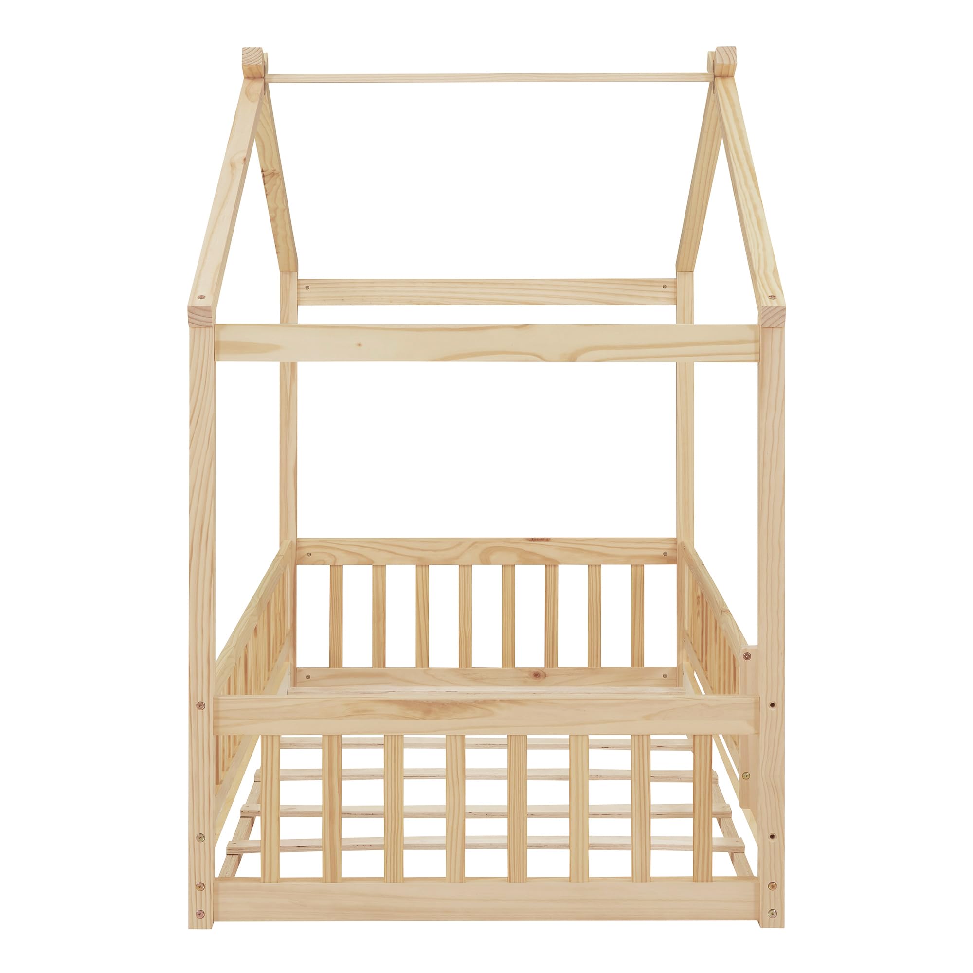 Montessori Twin Size Floor Bed for Kids - Wooden Bed Frame with Safety Fence Railing for Boys & Girls - No Box Spring Needed - Natural Finish - Perfect for Toddler Rooms & Montessori Classrooms