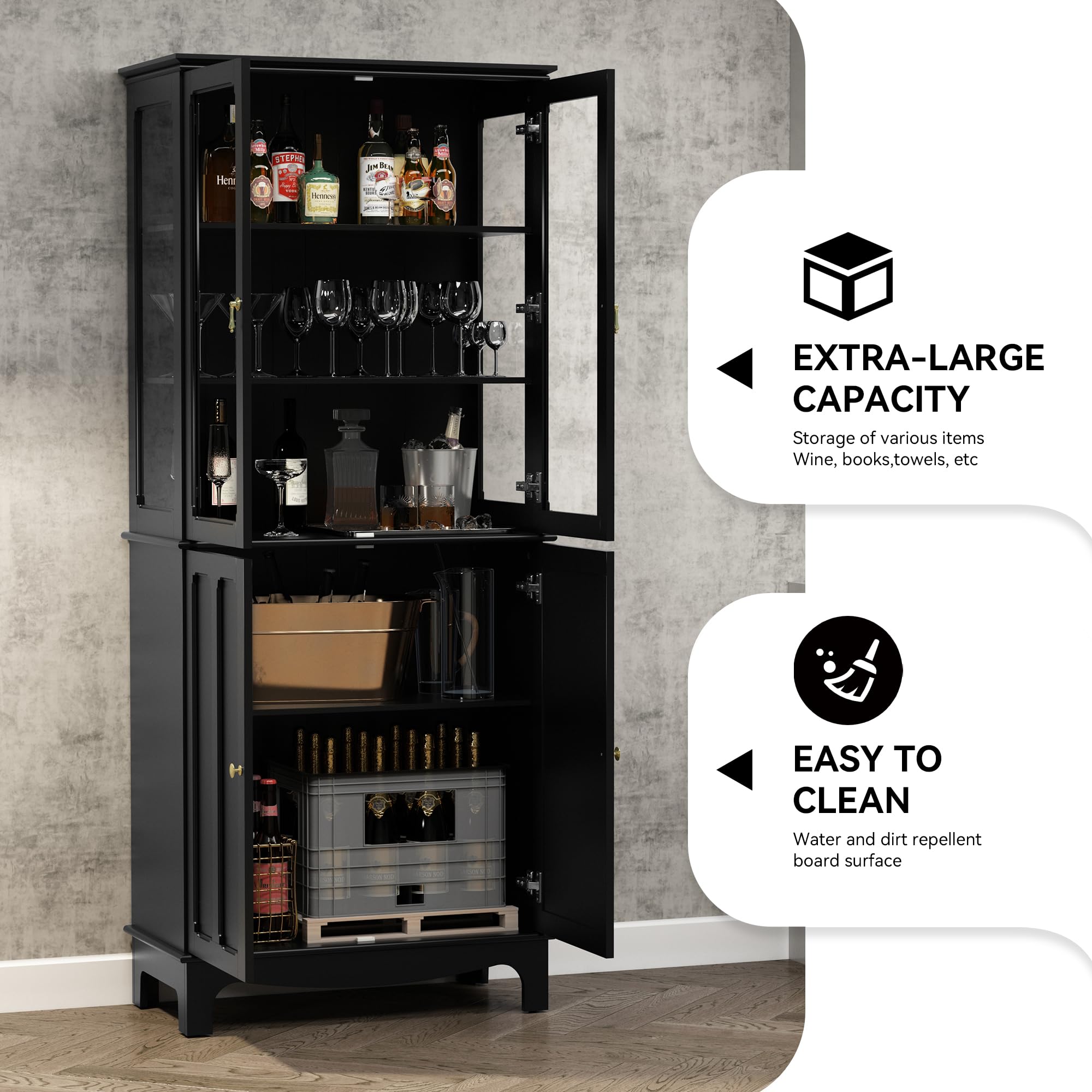 ARTPOWER 72 Inch Freestanding Kitchen Pantry Cabinet - Classic Tall Storage Sideboard with Glass Doors & Adjustable Shelves for Kitchen, Living Room, Dining Room - Black | Perfect for Small Space Organization, Home Decor & Extra Storage Solutions