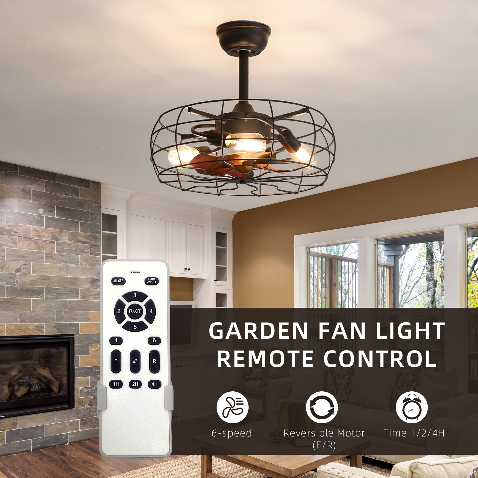 19 Inch Vintage Cage Ceiling Fan with LED Lights - No Bulb Warranty - Perfect for Living Room, Bedroom, and Patio Cooling