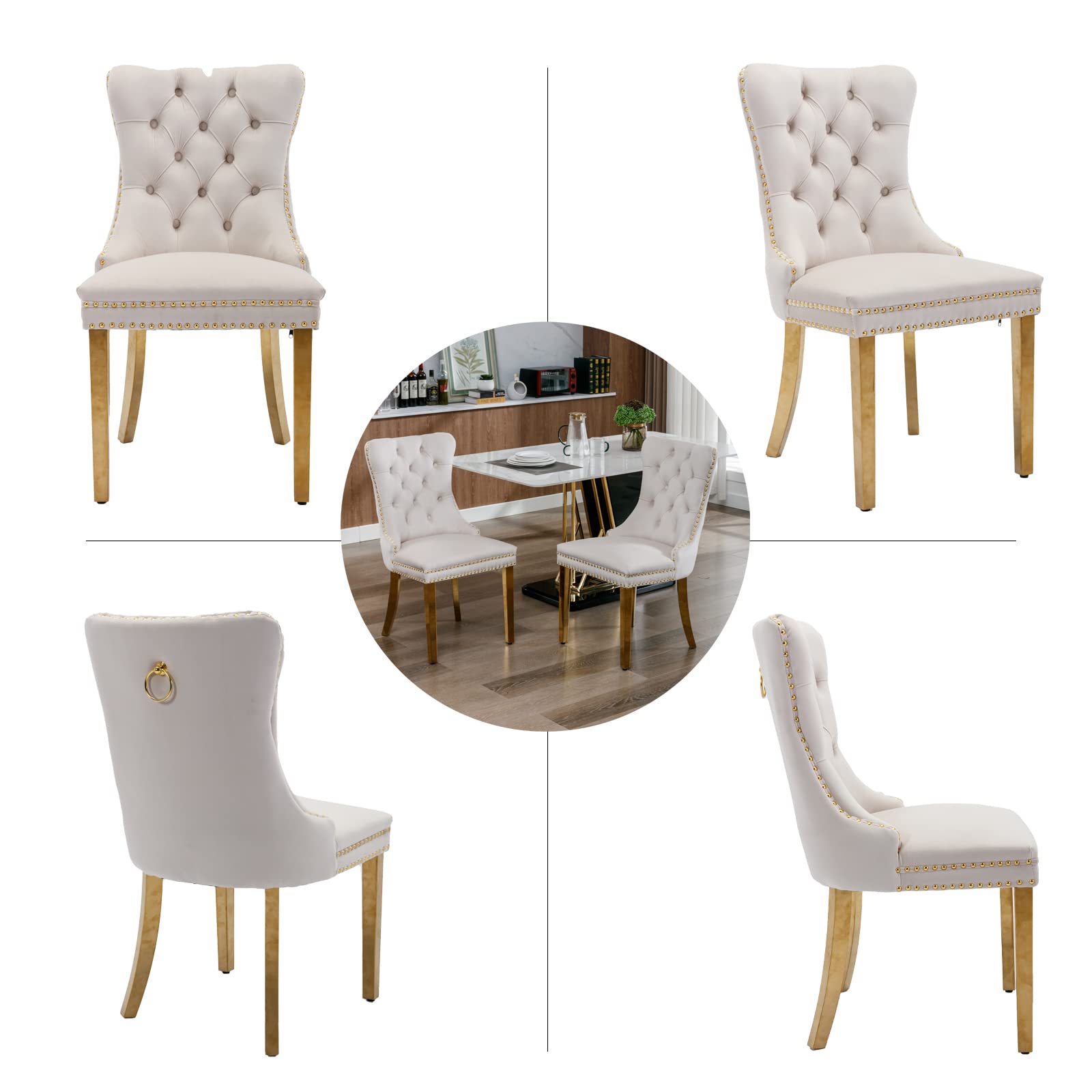 6 Beige Velvet Dining Chairs Set - Modern Upholstered Kitchen Chairs with Golden Stainless Steel Legs & Back Ring Pull Trim for Dining Room, Living Room & Kitchen Decor - Perfect for Home Entertaining & Cozy Family Meals (Beige)