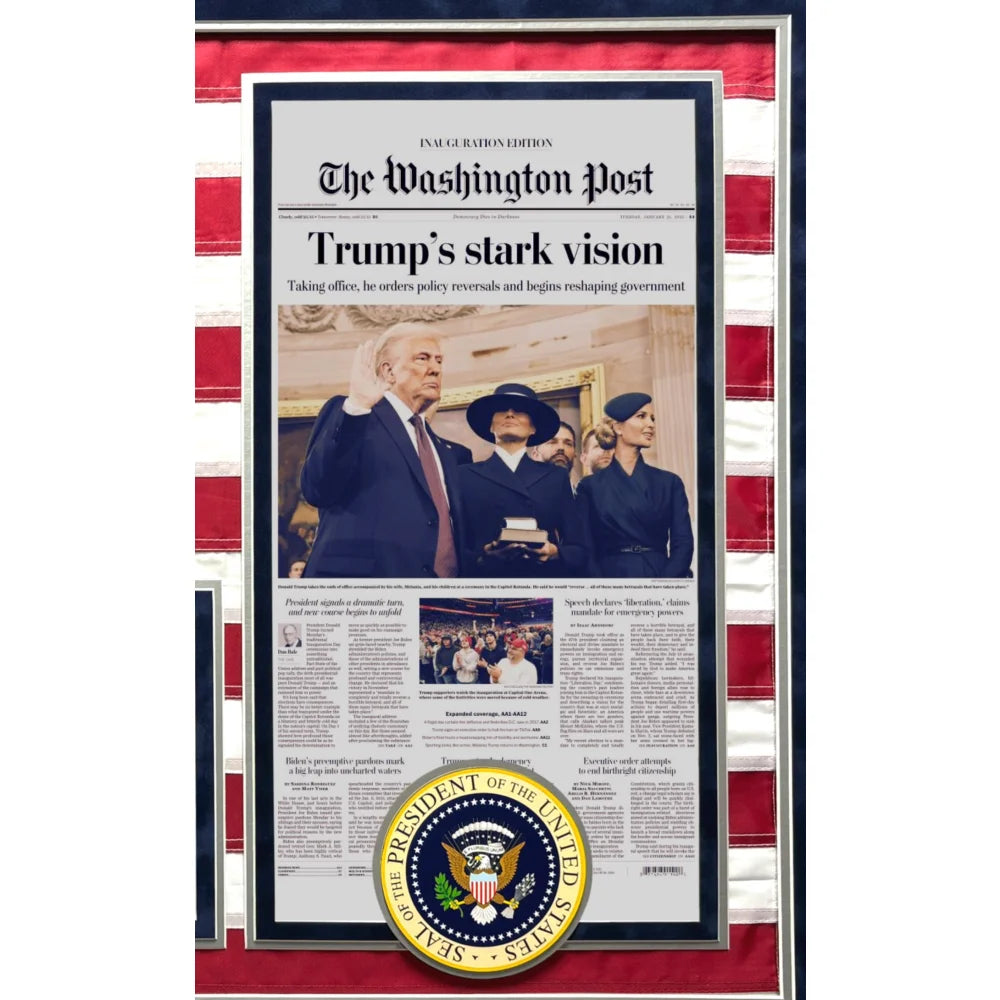 Donald Trump Autographed 2025 Inauguration USA Flag Framed with Washington Post Newspaper & JSA COA - Collectible Political Memorabilia for Home Office Decor & Conservative Gifts
