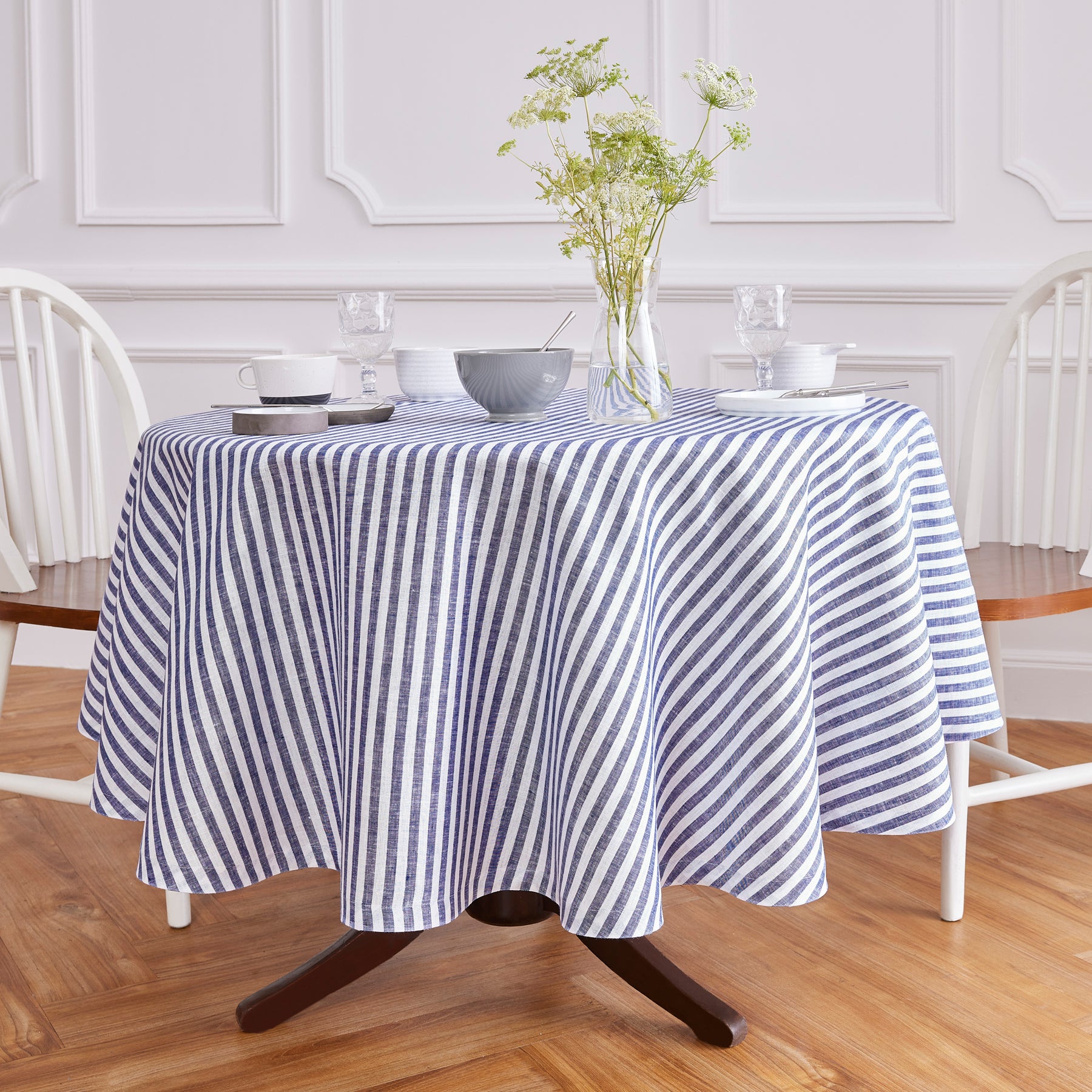Amalfi Stripe Round Tablecloth - Waterproof & Stain-Resistant 60-Inch Dining Table Cover for Indoor/Outdoor Use - Perfect for Parties, Picnics, and Family Gatherings