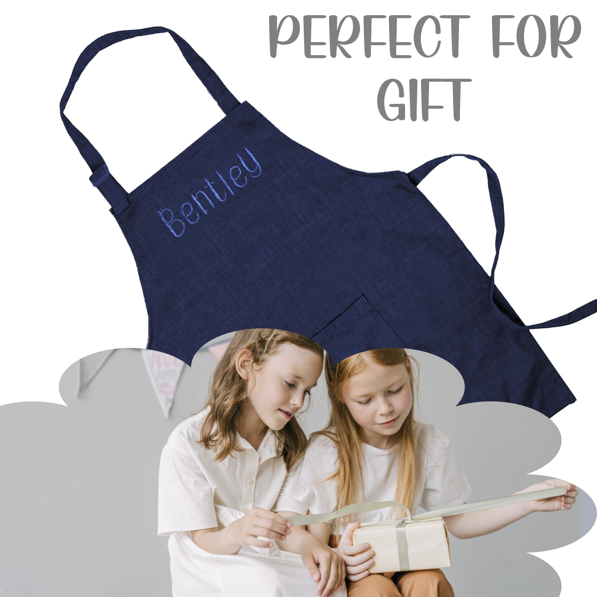 Personalized Kids Apron with Embroidered Name - 100% Linen Chef Apron for Children - Cute Cooking & Art Painting Apron for Birthday Parties (Small, Navy) - Perfect for Baking, Crafting & Pretend Play