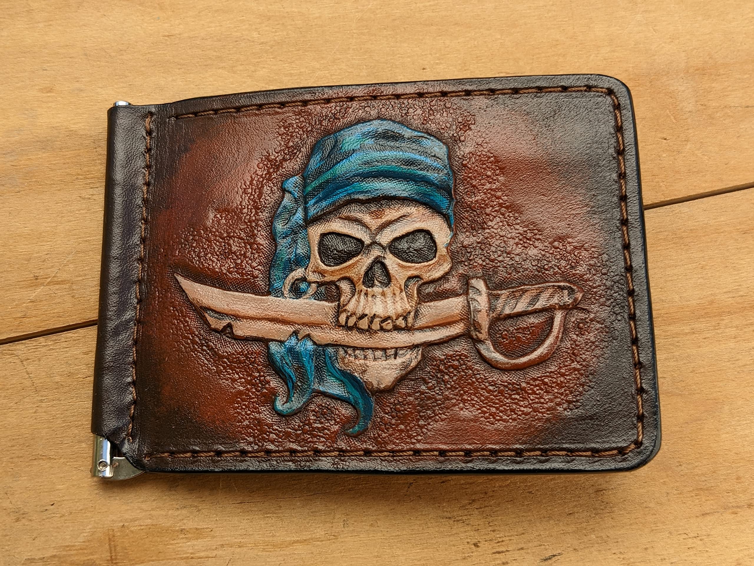 Handmade 3D Genuine Leather Pirate Sword & Skull Wallet for Men - Caribbean Themed Money Clip with Airbrush Art - Custom Personalized Carved & Tooled Leather Bifold Wallet - Perfect for Gifts, Collectors & Pirate Enthusiasts