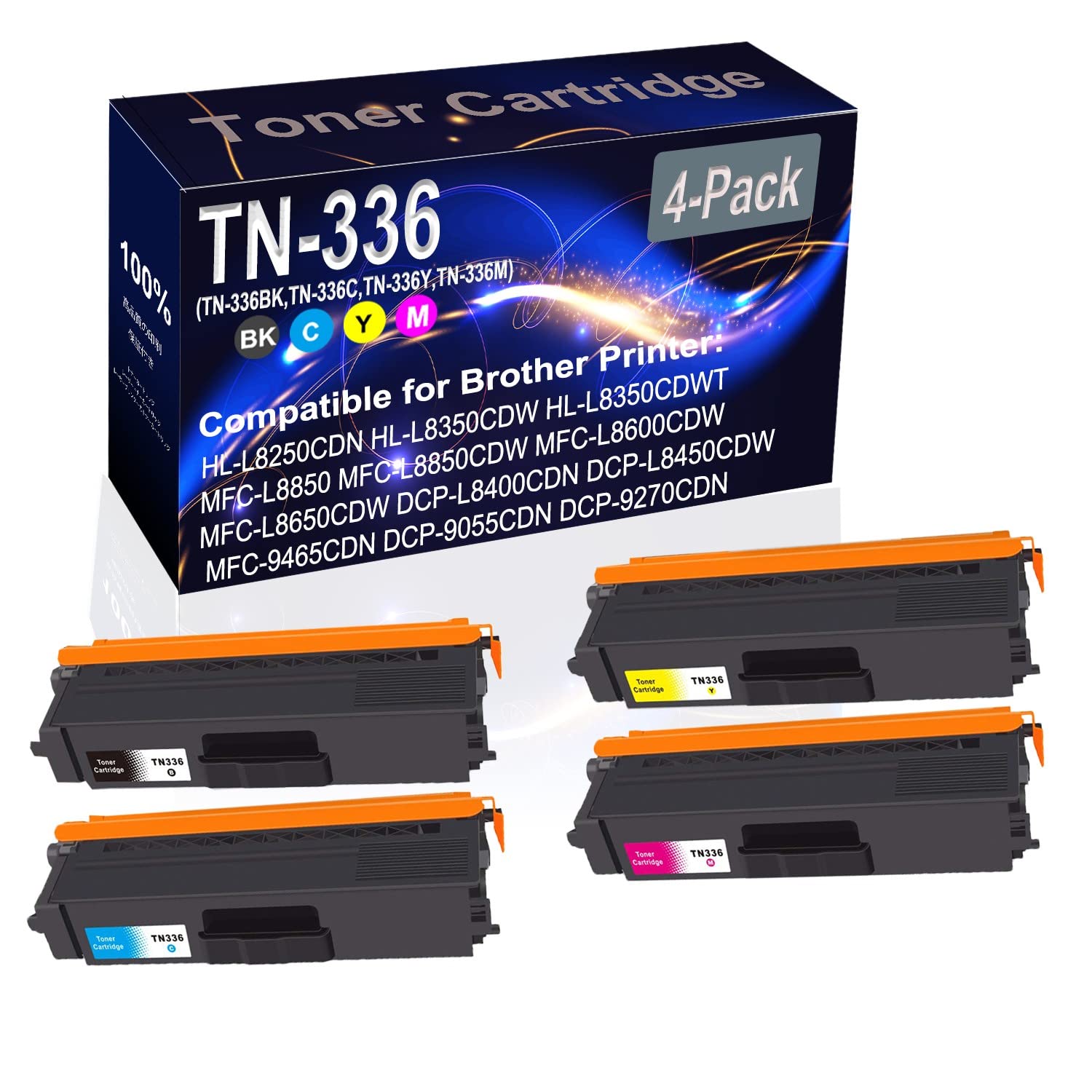 4-Pack High Capacity Compatible HL-L8250CDN Laser Printer Toner Cartridges (BK+C+Y+M) - Replacement for TN336/TN-336 Series (TN-336BK, TN-336C, TN-336Y, TN-336M) - Perfect for Office Printing, Business Documents & Home Use
