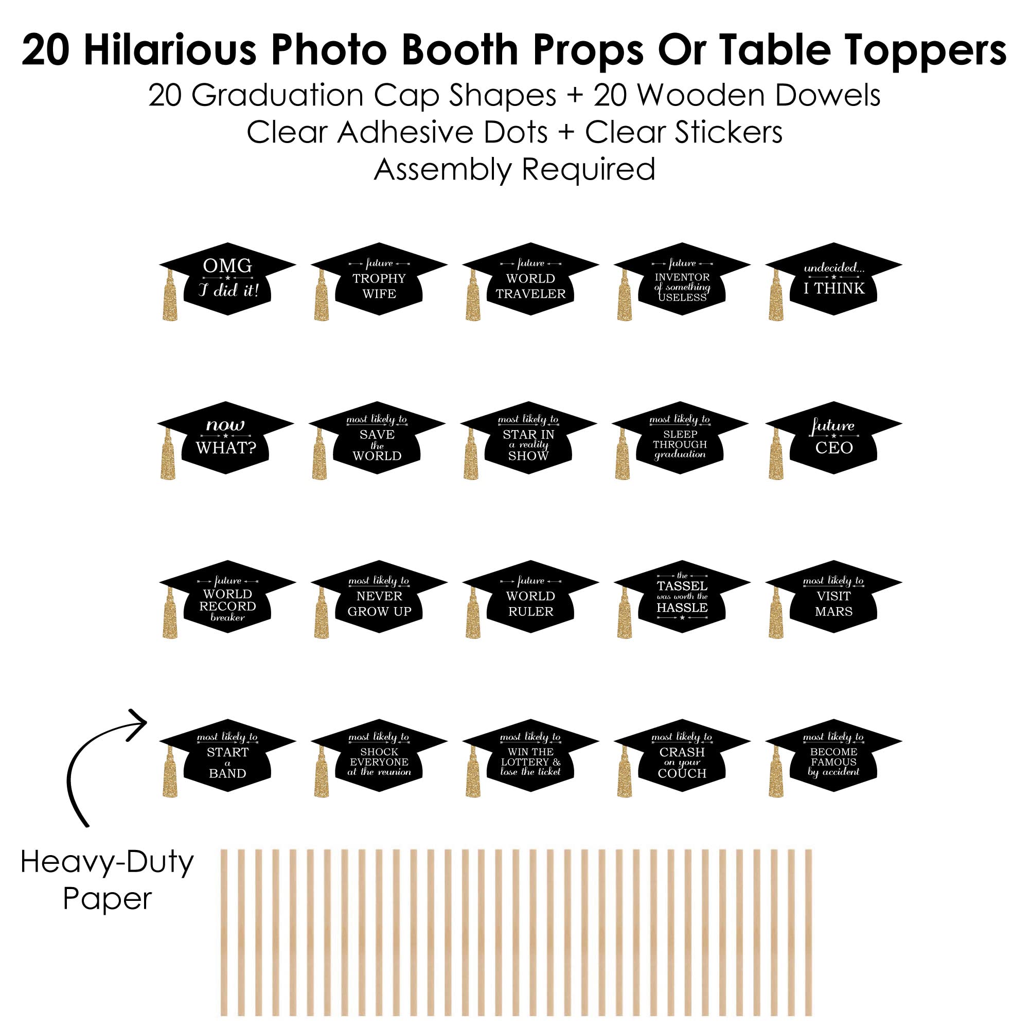 Funny Graduation Caps - Gold Photo Booth Props for Graduation Party Decorations - Set of 20 - Perfect for Graduation Photos, Commencement Celebrations & School Events