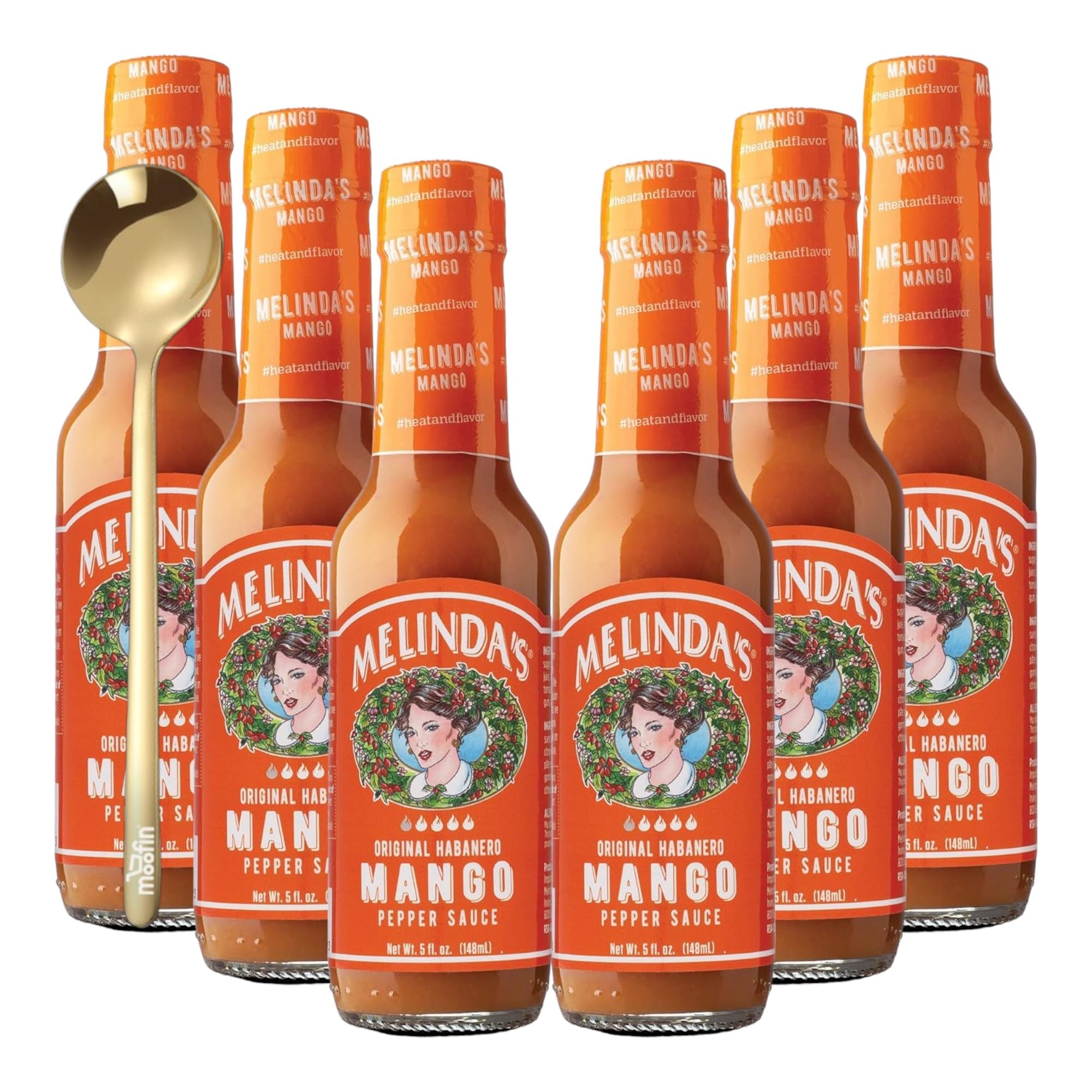 **Mango Habanero Hot Sauce - 5oz Bottle (Pack of 6) | Sweet & Spicy Pepper Sauce for Wings, Tacos, Burgers & More | All-Natural Ingredients | Includes Free Golden Spoon | Perfect for BBQ, Parties & Gifting**