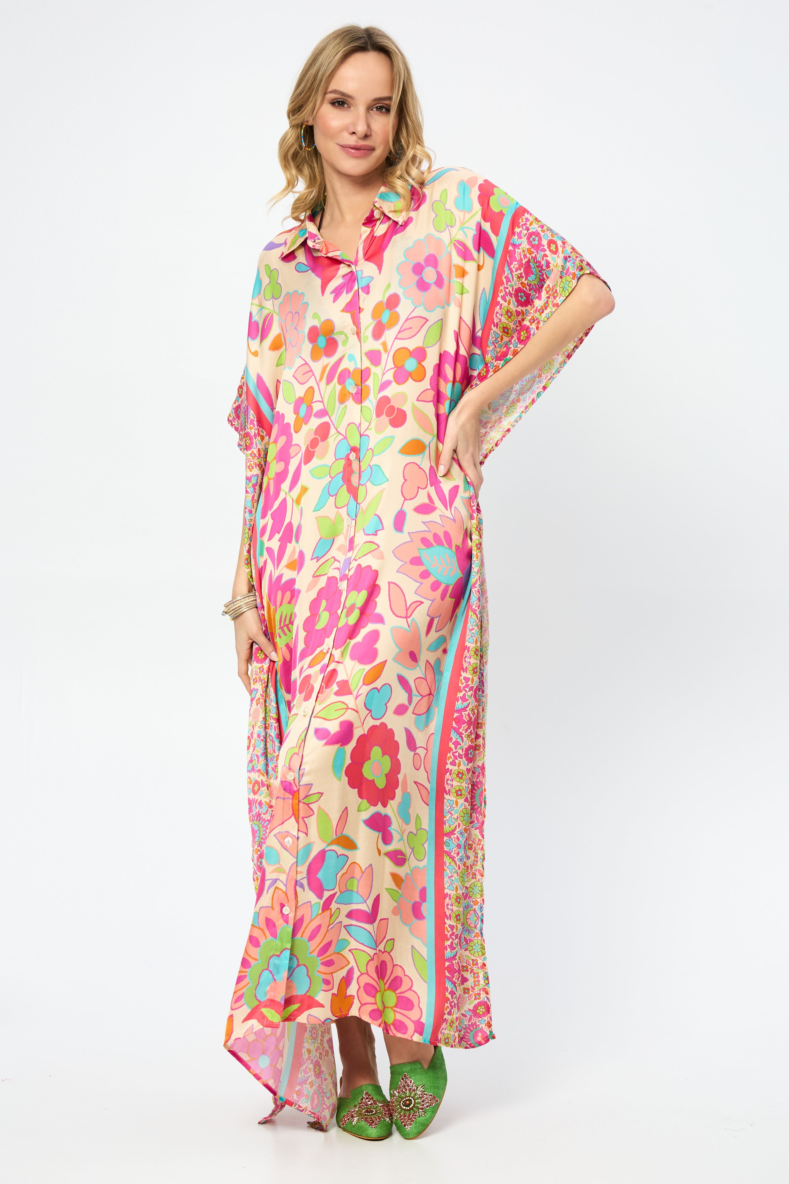 Stylish Multicolored Floral Print Collared Kaftan Dress for Women | Beach Cover Up, Summer Vacation, Boho Chic Outfit