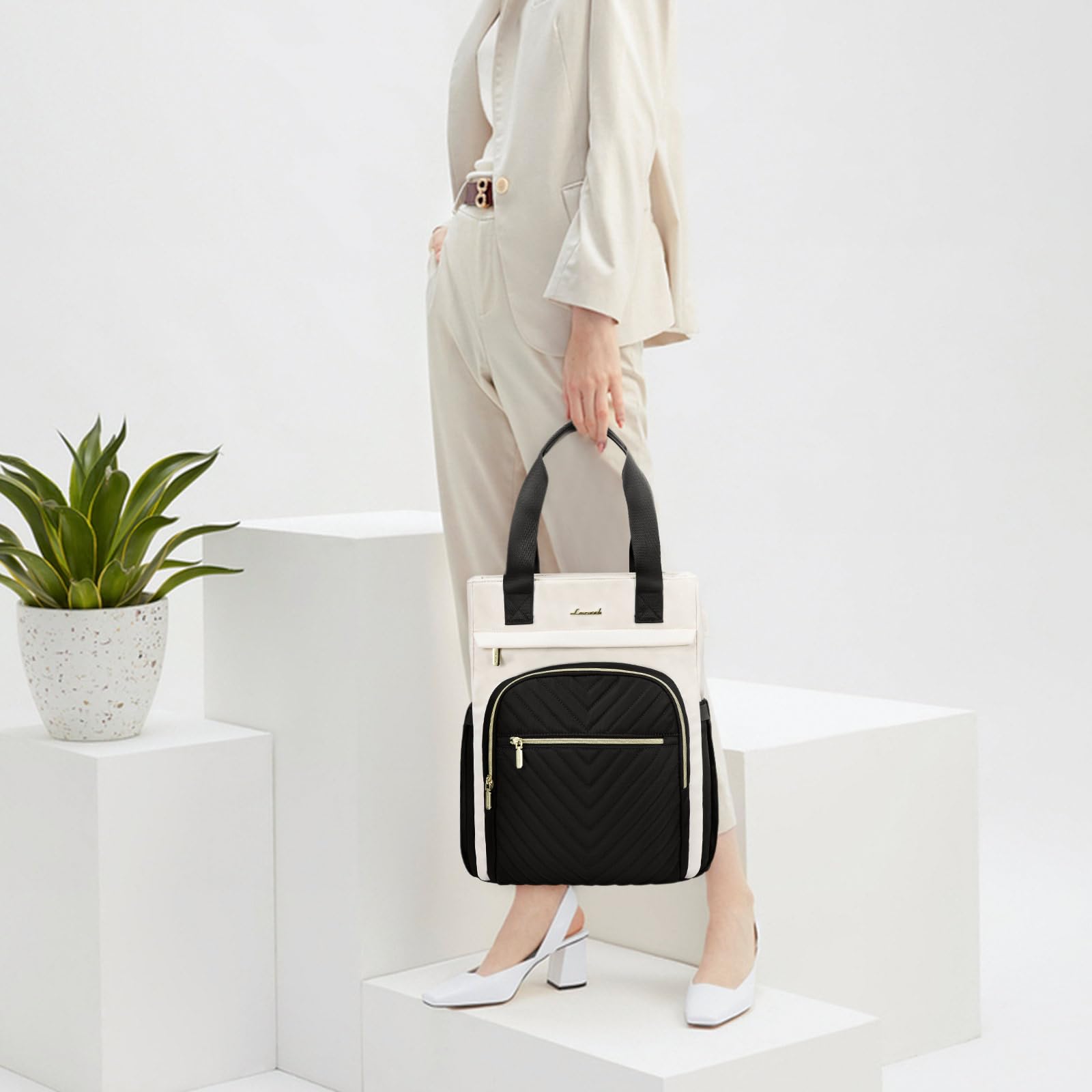 LOVEVOOK Women's 15.6 Inch Laptop Backpack - Waterproof Business Bag with USB Port, Wide Top Open Design for Work, Travel, School, and Daily Commute | Black-White