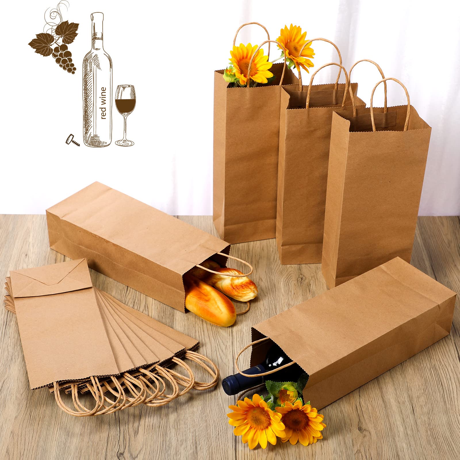 Eco-Friendly Kraft Brown Wine Gift Bags with Handles - 13 x 5.3 x 3.3 Inch Bulk 100-Pack - Perfect for Wine Bottle Wrapping, Party Favors & Small Business Gift Packaging