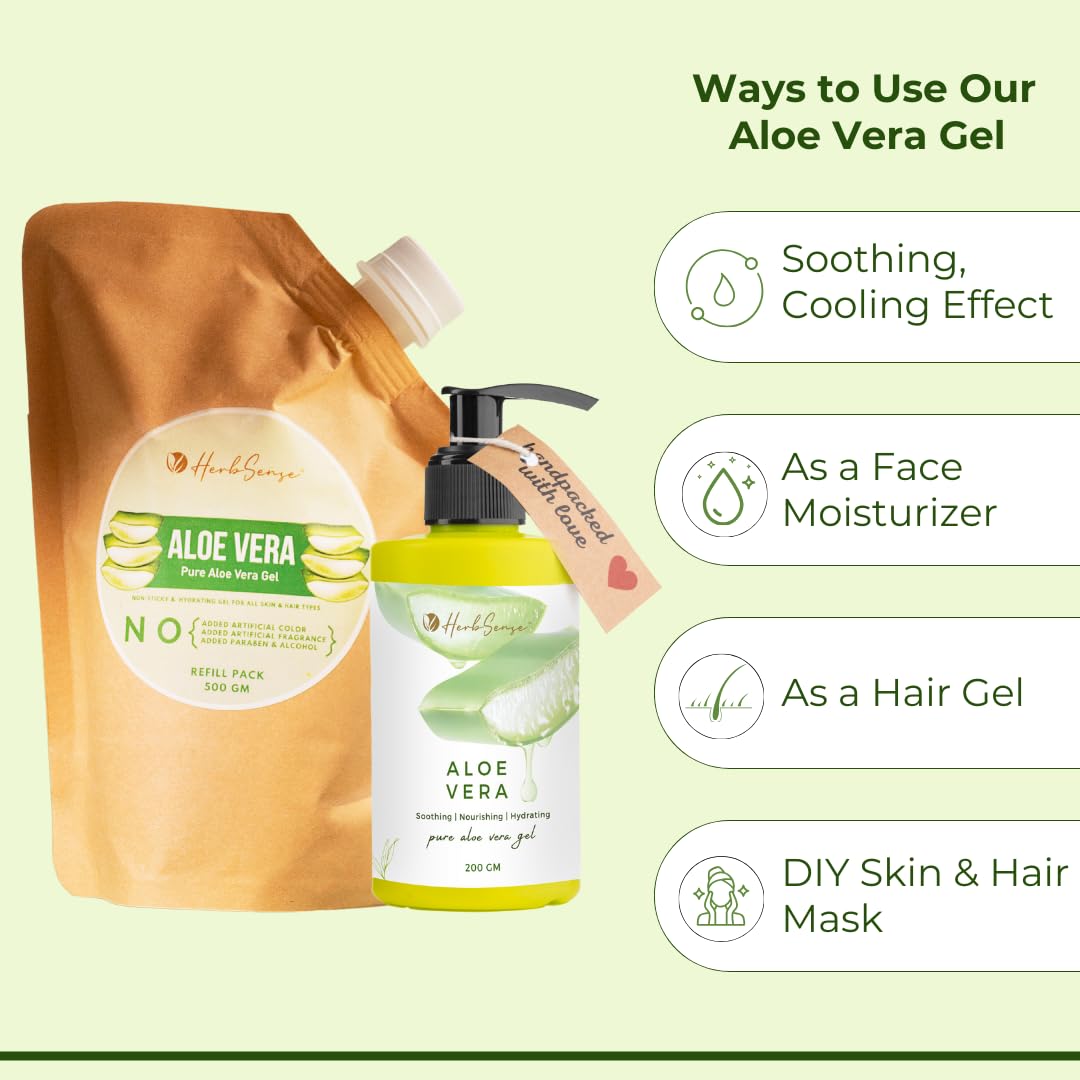 Herbsense Pure Aloe Vera Gel Refill Pack - 17.6oz Multipurpose Skin & Hair Care Gel for Hydration, Sunburn Relief & Scalp Treatment - Ideal for Face Moisturizer, After Sun Care & Hair Conditioning