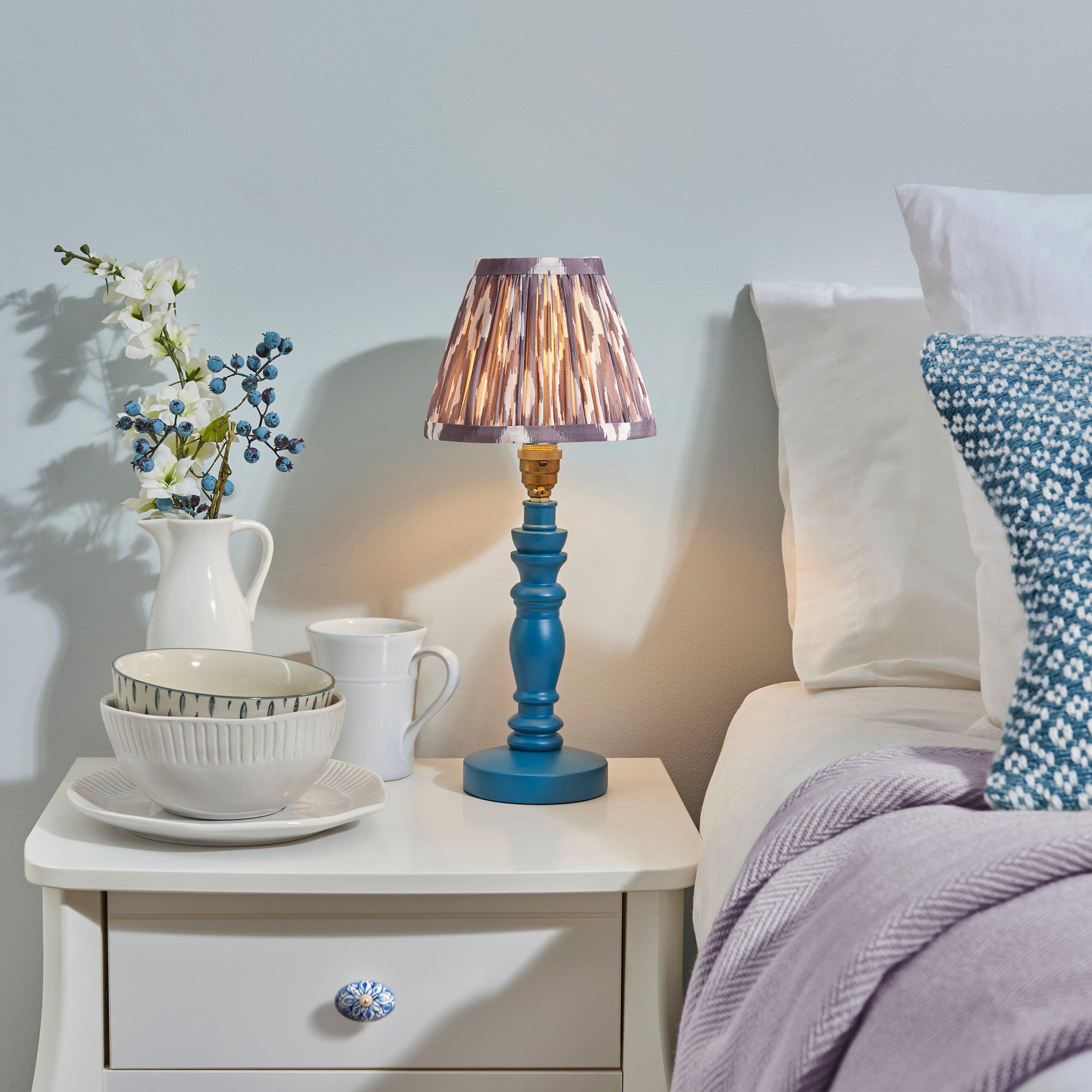 Bibury Blue Table Lamp with Ikat 16cm Pearl Grey Shade - Modern Home Office & Bedroom Lighting Decor