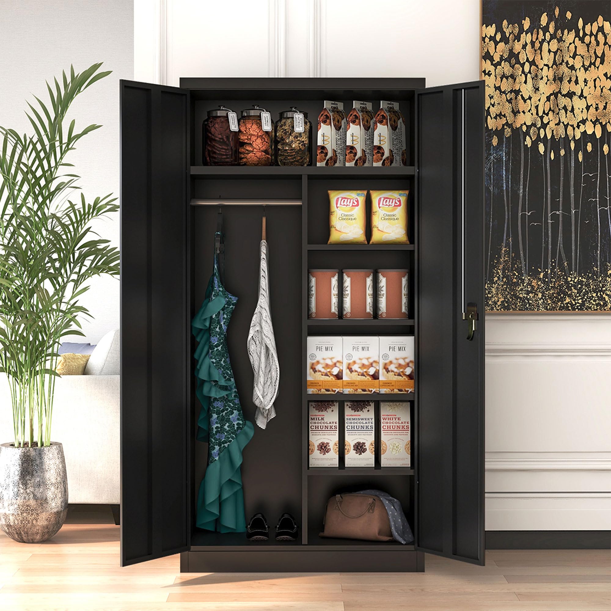 Aobabo Large Metal Wardrobe Storage Cabinet with 3 Adjustable Shelves, Hanging Rod & Lockable Doors - Perfect for Bedroom Closet, Garage Organization & Entryway Storage (Black)