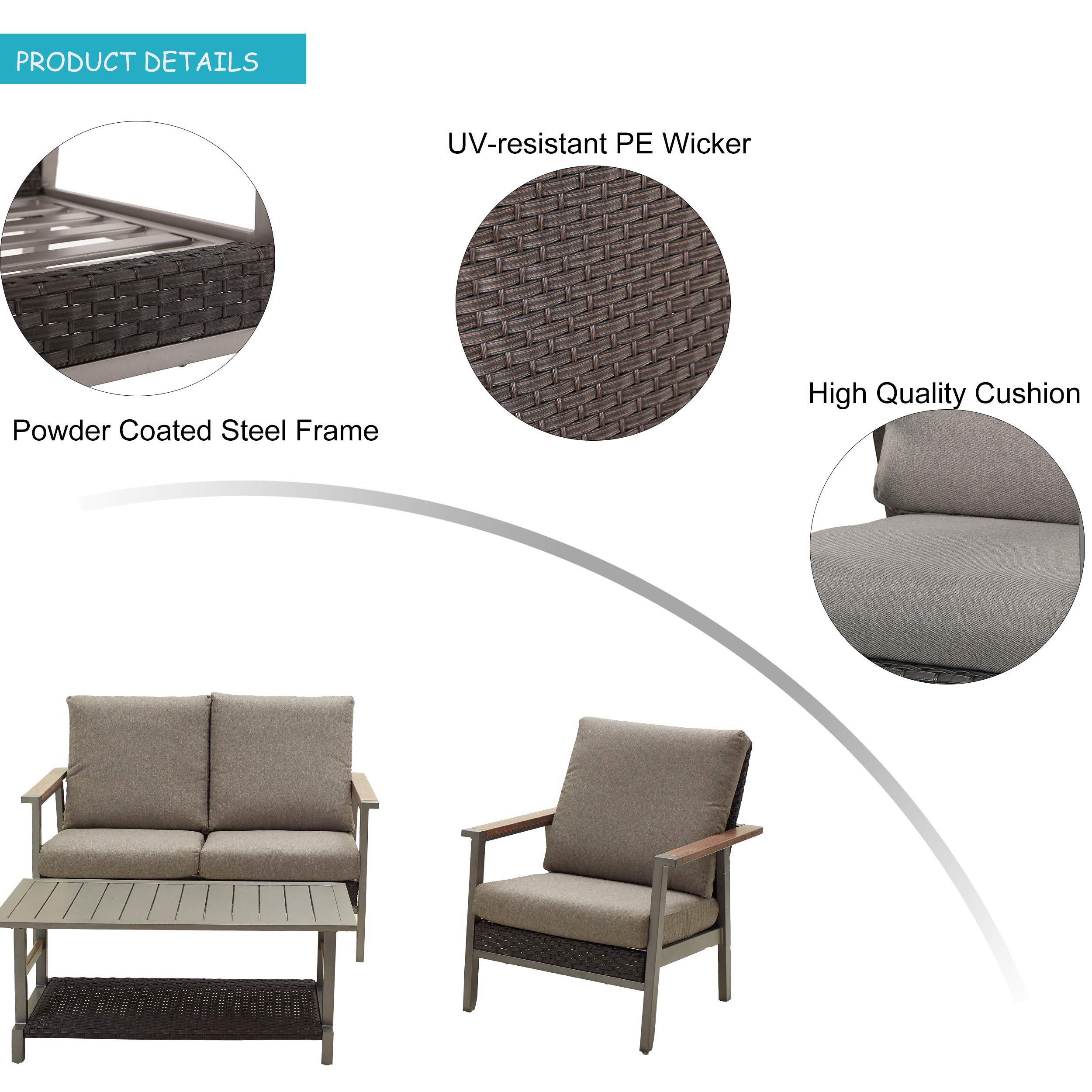 LOKATSE HOME 3-Piece Patio Outdoor Furniture Set - All-Weather Wicker Loveseat & Sofa Chair with Removable Cushions & Coffee Table - Brown - Perfect for Garden, Backyard, Poolside & Balcony Relaxation