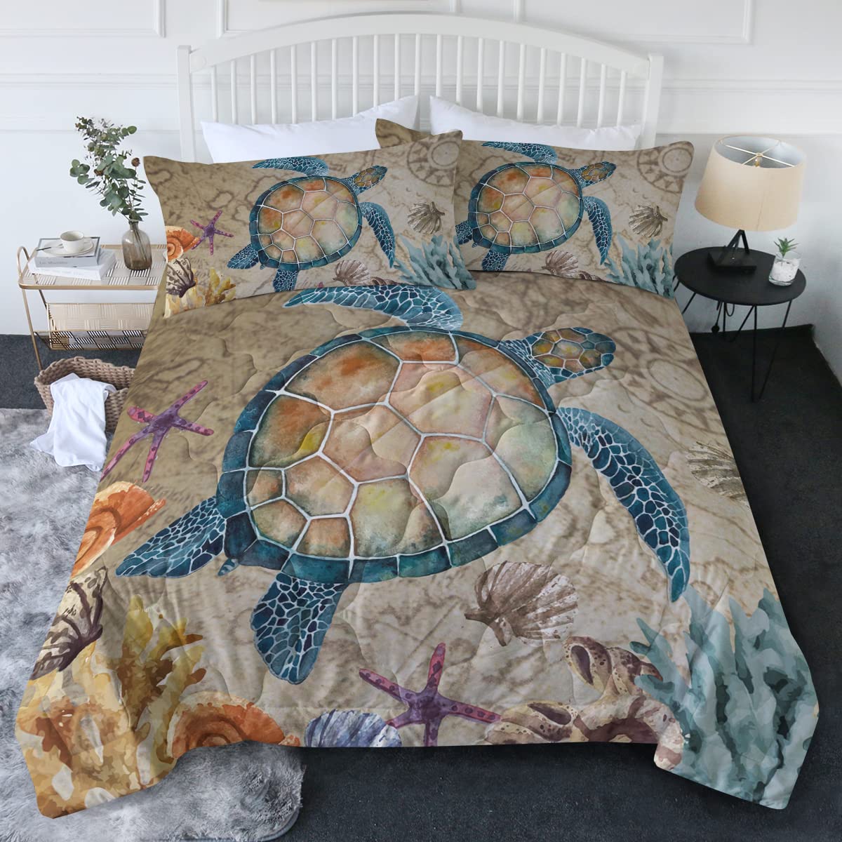 BlessLiving King Size Turtle Comforter Set - Vintage Map & Turtle Print Beach Themed Bedding with 1 Comforter & 2 Pillow Shams | Perfect for Coastal Decor, Nautical Bedroom, and Beach House Retreats