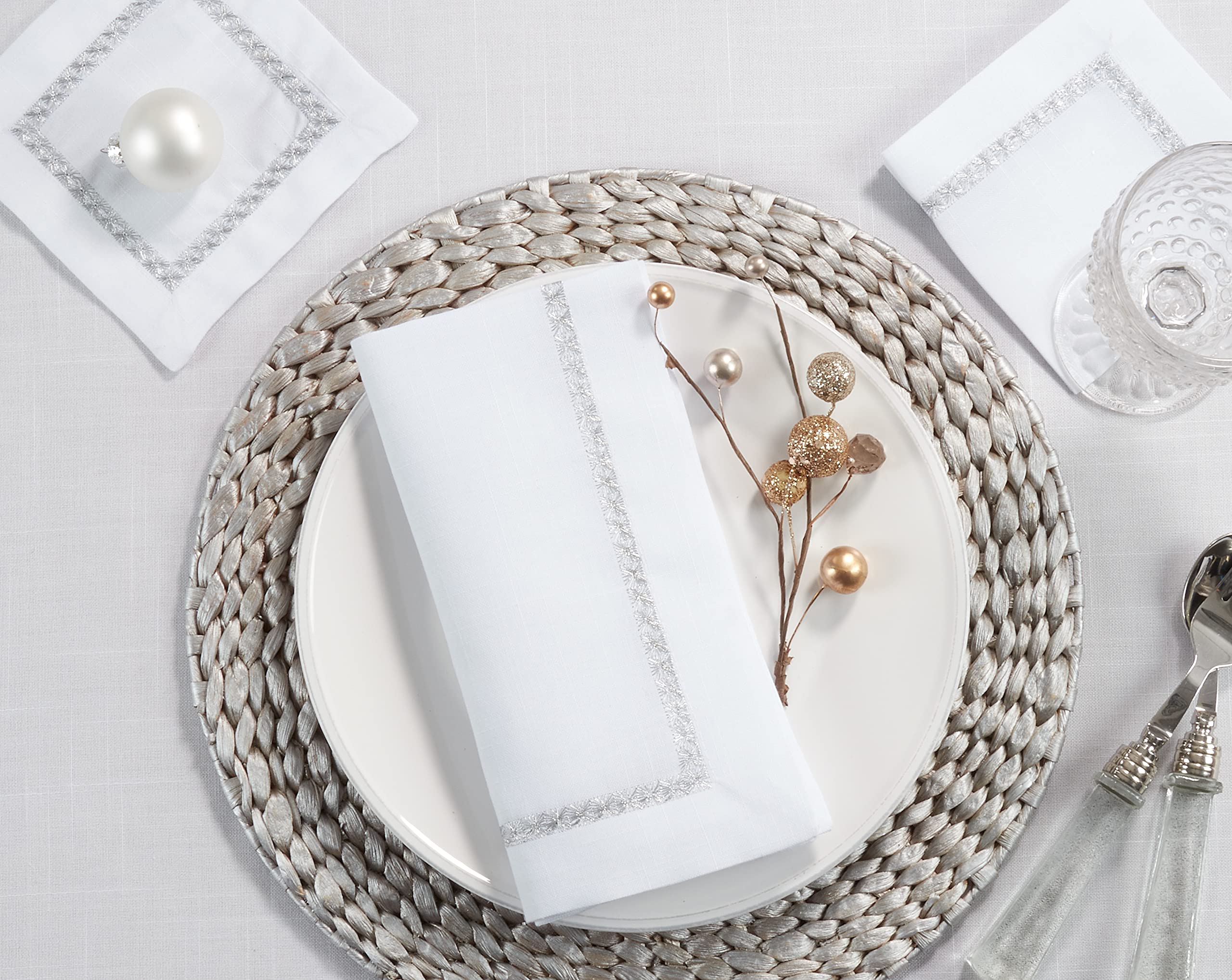Embroidered Border Cocktail Napkins - Set of 4 Elegant Linen Drink Napkins for Parties, Weddings & Home Decor - Perfect for Cocktail Hours, Bridal Showers & Dinner Parties