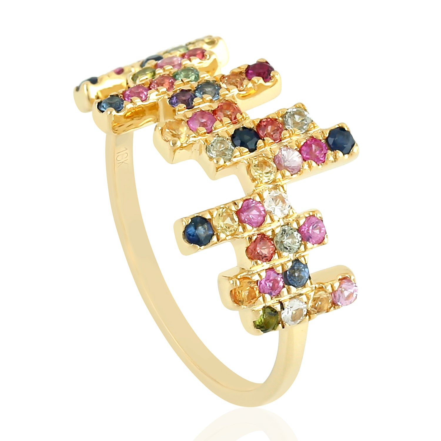18K Yellow Gold Pave Multi Sapphire Zig Zag Handmade Ring for Women | Elegant Stackable Jewelry for Engagement, Anniversary & Special Occasions