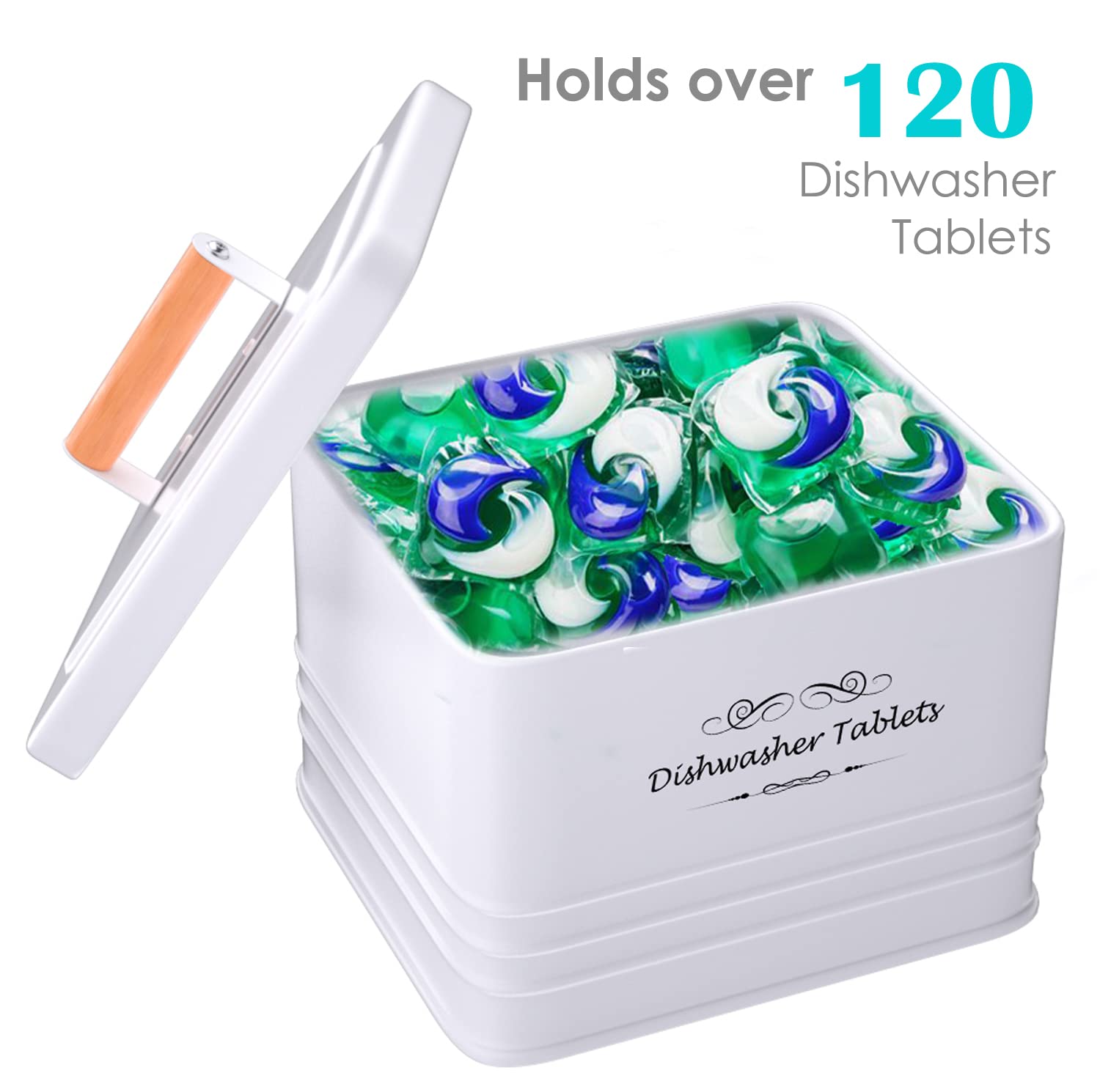 ELITAPRO Farmhouse Style Metal Dishwasher Pods Container with Lid - Rustic Kitchen Organizer for Cascade, Finish & All Dishwasher Tablets - Perfect for Countertop Storage & Kitchen Decor Accessories (White) - Ideal for Small Spaces, Apartments & Farmhouse Style Kitchens