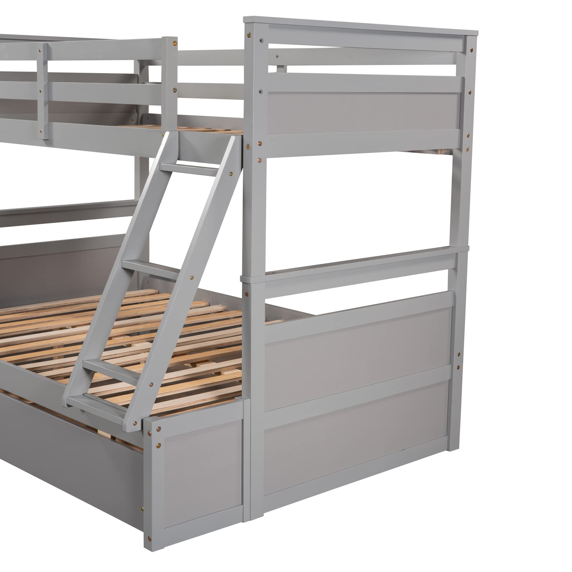 Twin Over Full Bunk Bed with Storage Drawers | Wooden Bunk Bed Frame with Safety Guardrail & Ladder | Convertible to 2 Separate Beds for Kids, Teens & Adults | Space-Saving Solution for Small Bedrooms, Guest Rooms & Vacation Homes (Twin/Full, Grey)