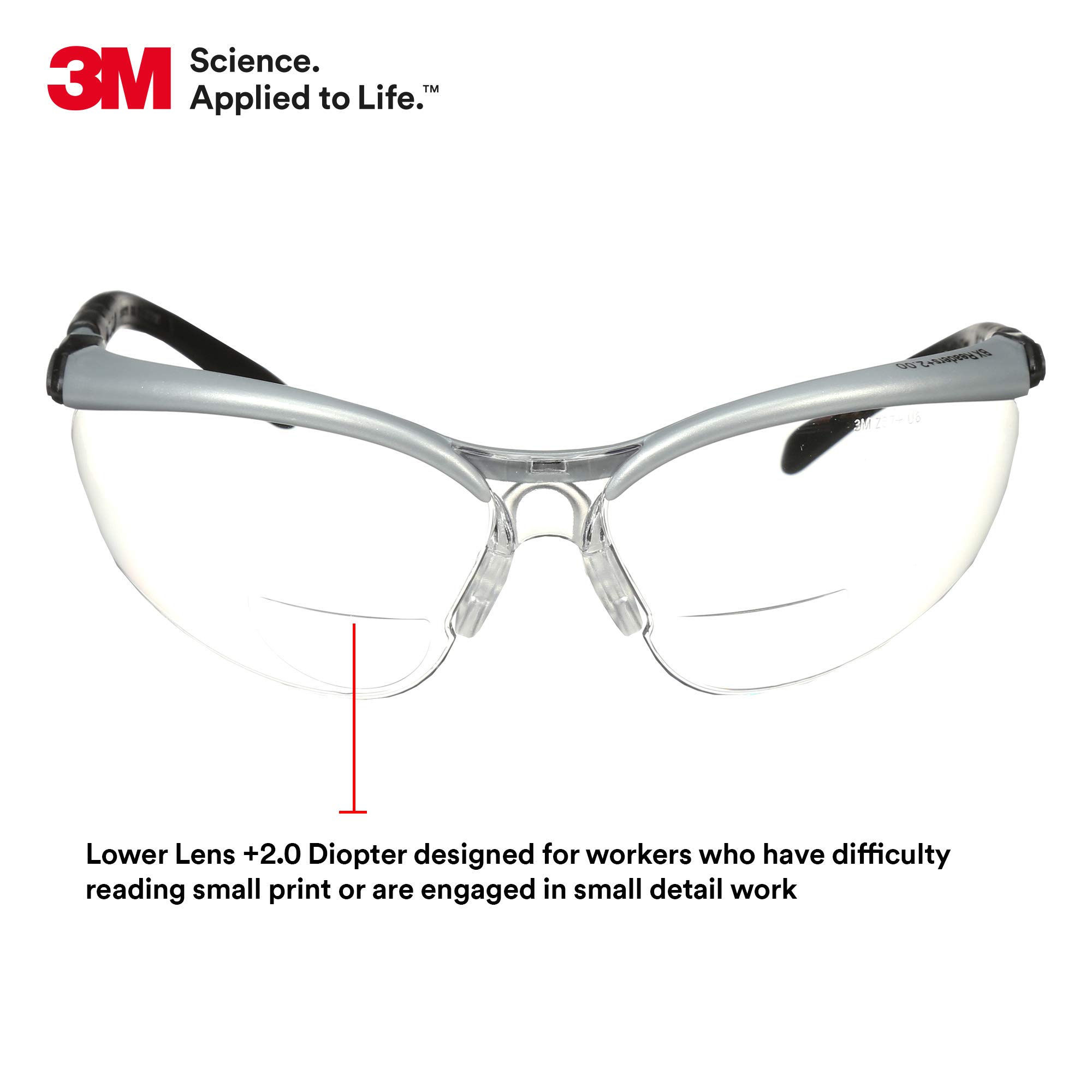 3M Safety Glasses with +2.0 Readers - ANSI Z87.1 Certified Anti-Fog & Scratch-Resistant Clear Lenses - Silver Frame with Adjustable Temples - Perfect for Woodworking, Construction & DIY Projects