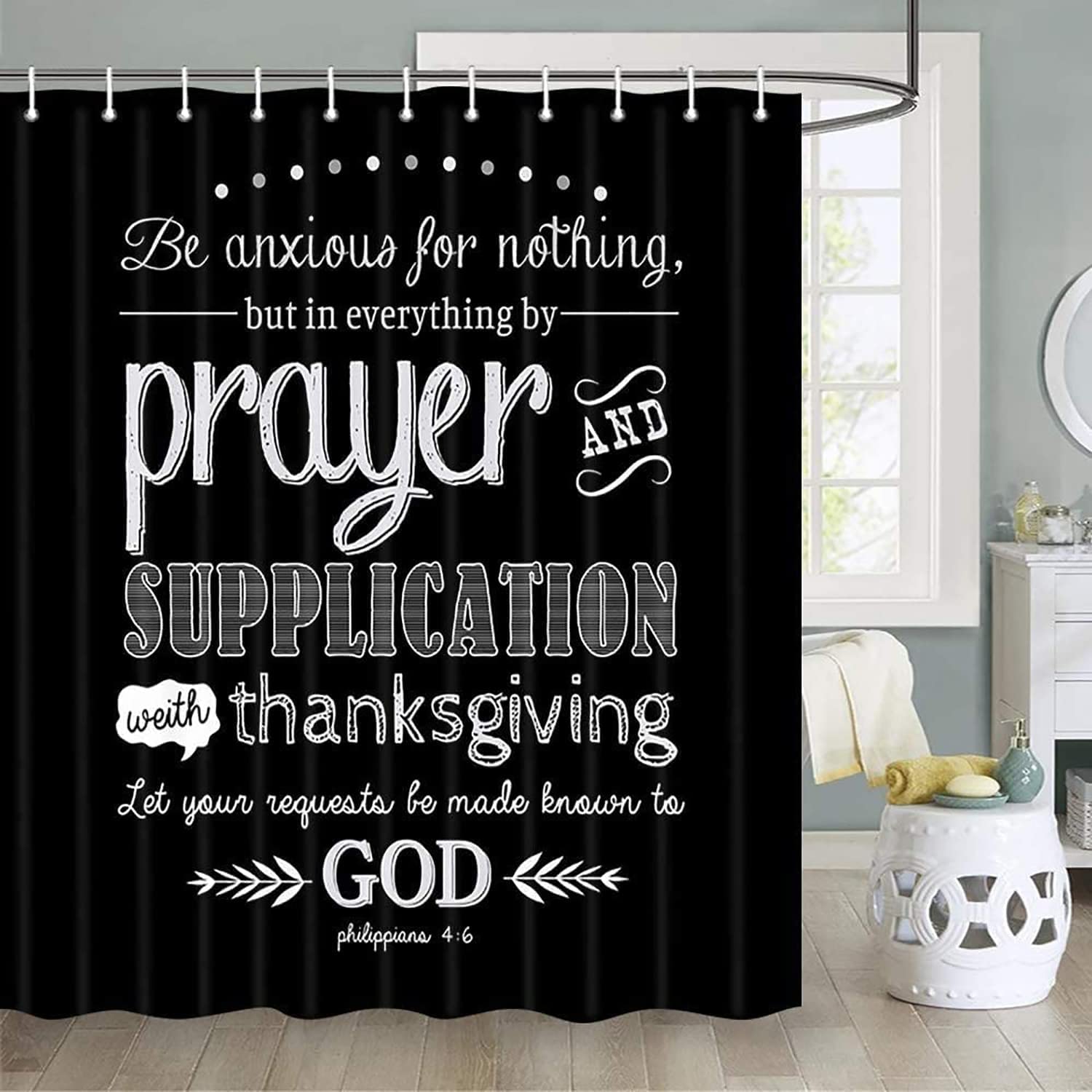 Bullpiano 4-Piece Motivational Quote Shower Curtain Set with Bath Rug - Waterproof Fabric with Hooks, Bible Verse & Scripture Decor for Bathroom, Home, Valentine's Gift (Perfect for Spa-Like Retreats & Inspirational Home Decor)