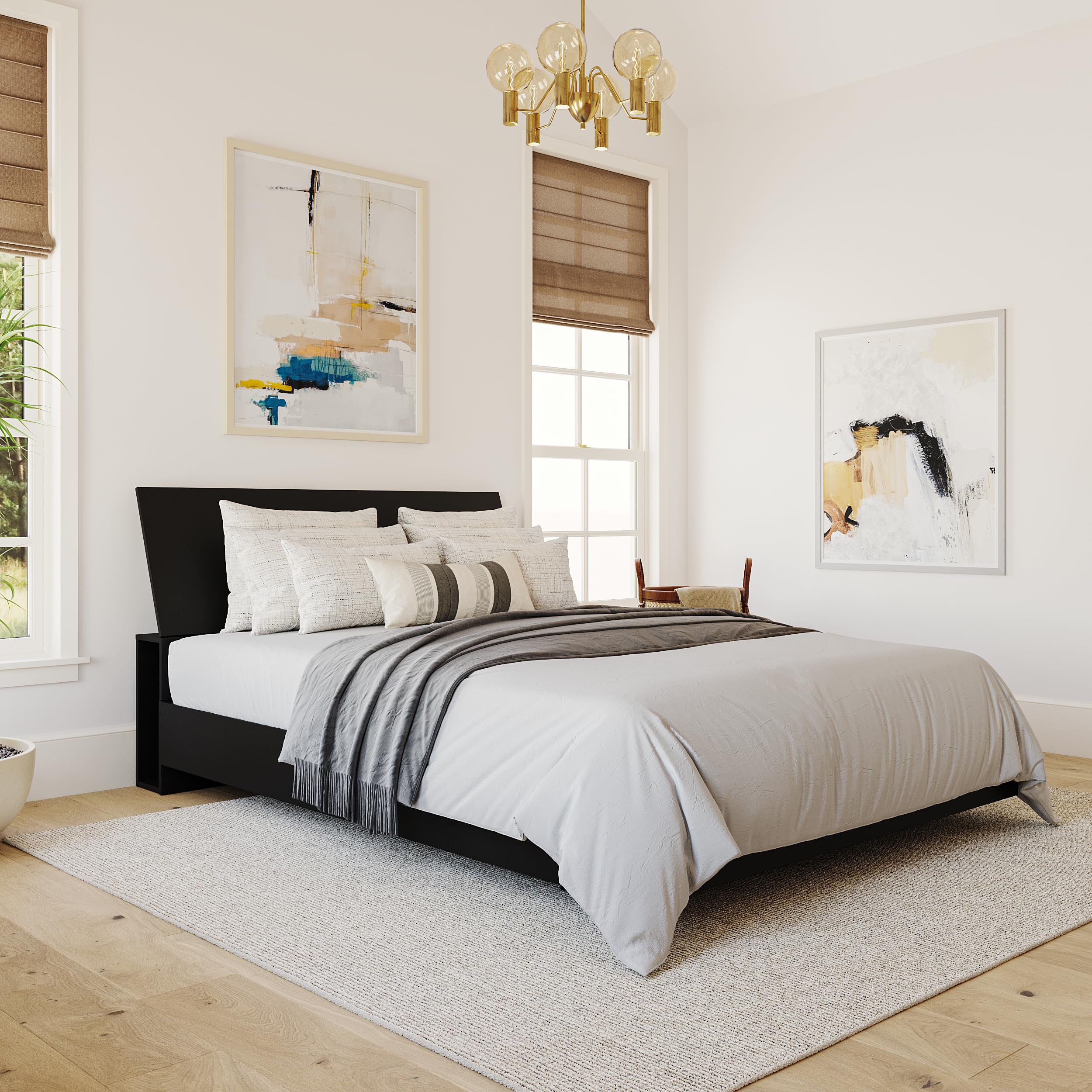 Nexera 2-Piece Queen Size Bed Set with Sturdy Metal Bed Frame & Upholstered Headboard - Black | Modern Bedroom Furniture for Small Spaces & Guest Rooms
