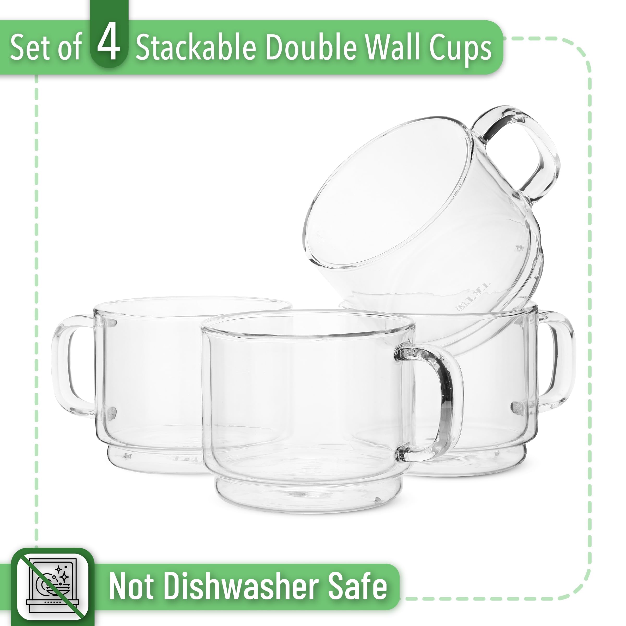 BTaT Stackable Insulated Coffee Mugs - Set of 4 (16oz/500ml) Double Wall Glass Cups for Coffee, Tea & Latte - Clear Glass Coffee Mugs for Home, Office & Travel - Perfect for Hot & Cold Beverages