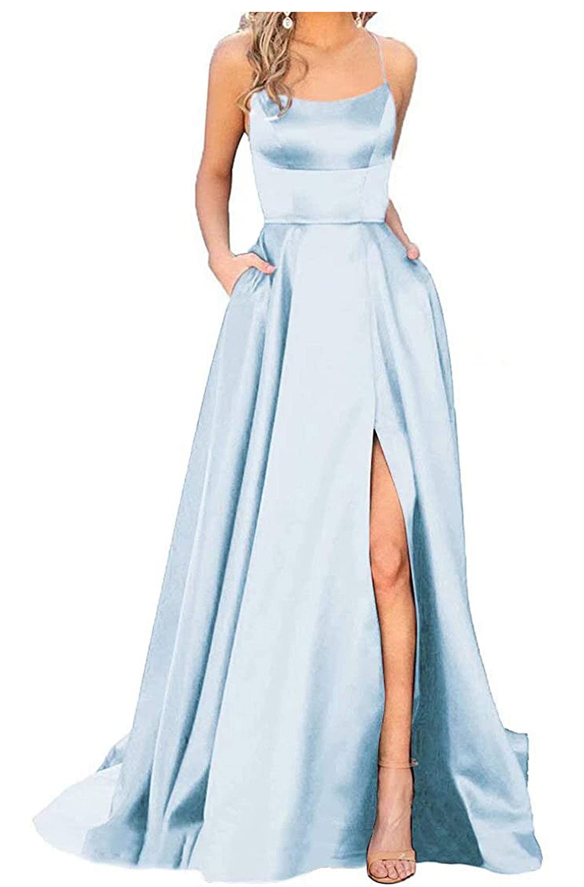 Elegant SYYJ Women's Spaghetti Strap Prom Dress - Satin Long Backless Evening Gown with Pockets for Formal Events, Parties & Special Occasions
