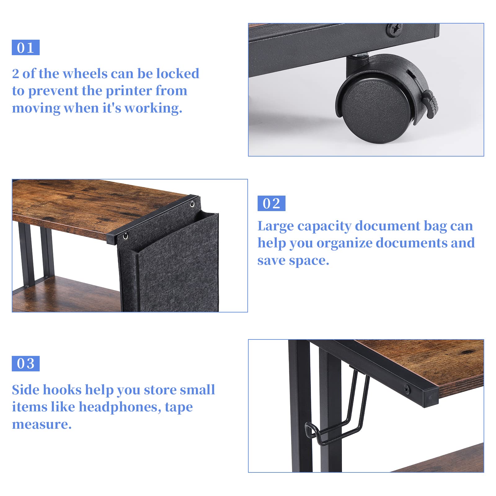 2-Tier Rolling Printer Stand with Storage Bag - Under Desk Mobile Printer Table for Fax Machine, Scanner & Files - Compact Desktop Shelf with Wheels (Brown) - Perfect for Home Office & Small Workspaces
