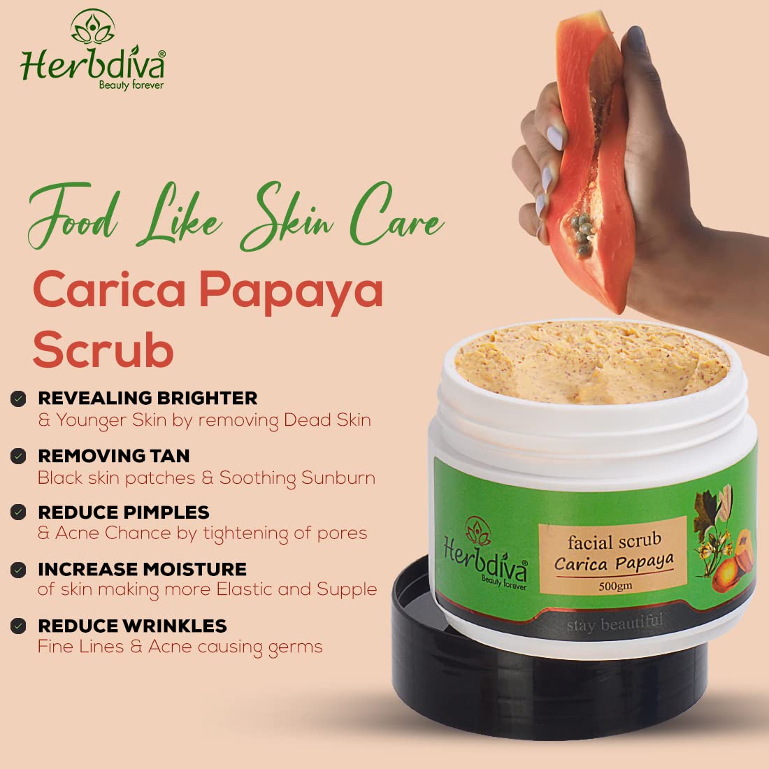 Herbdiva Carica Papaya Facial Scrub 500GM - Exfoliating Face & Neck Scrub for Tan Removal, Blackhead & Dirt Cleansing | Enriched with Papaya Extract, Vitamin A & C for Soft, Smooth Skin | Suitable for Women & Men | Perfect for Daily Skincare Routine & Spa Treatments