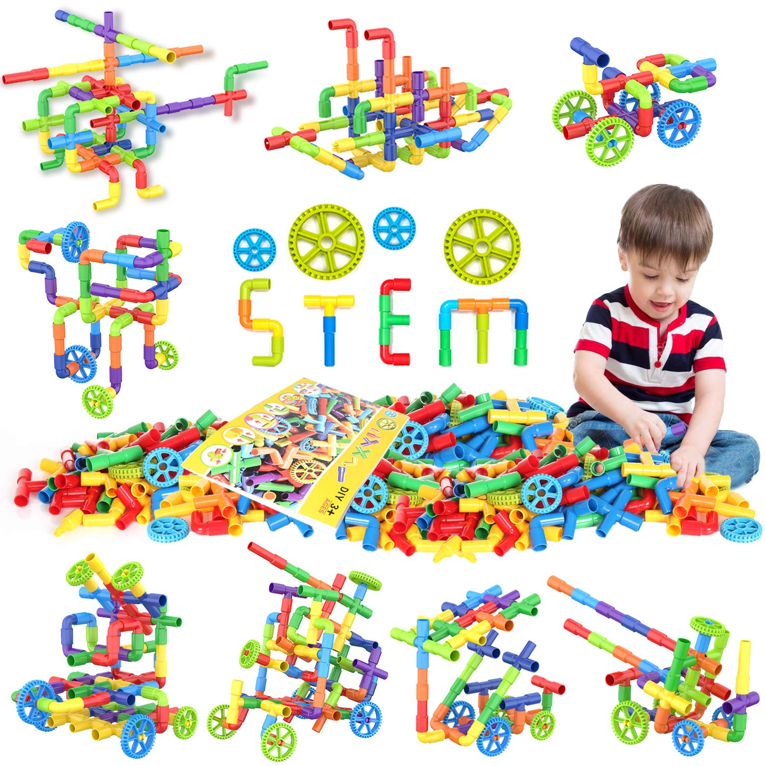 250-Piece STEM Building Blocks Set - Pipe Tube Sensory Toys with Wheels & Storage Box - Creative Construction Kit for Kids Ages 3+ | Preschool Educational Learning Toys | Perfect Gift for Boys & Girls | Ideal for Classroom STEM Activities & Home Playtime